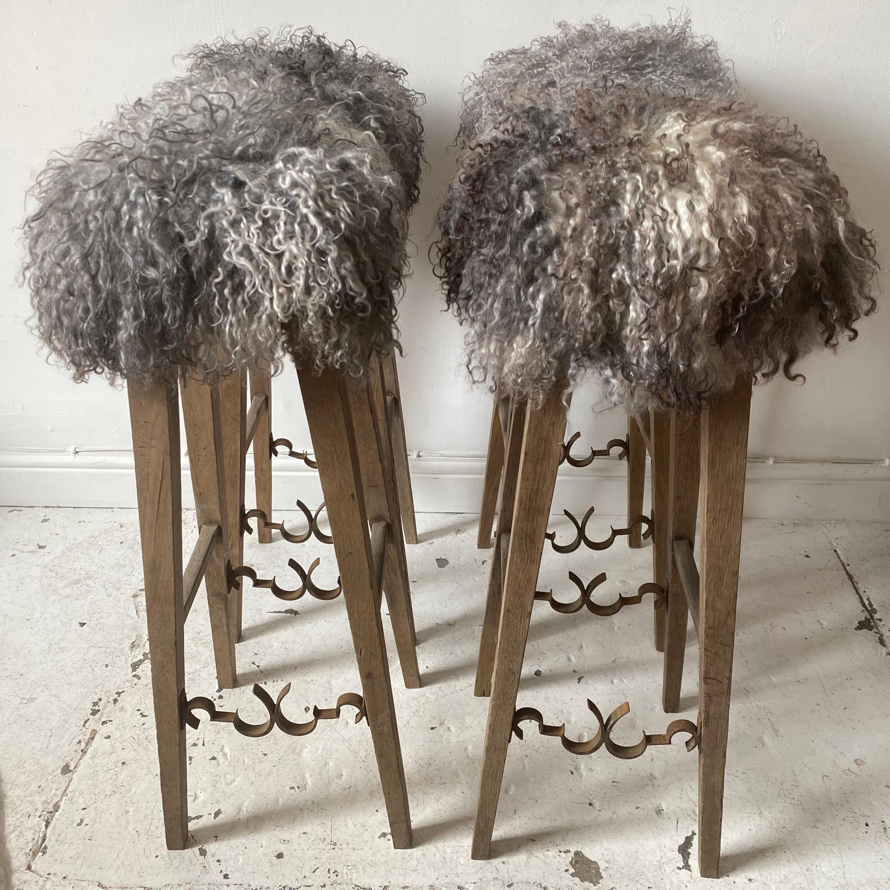 Set of 4 French Cafe Bar Stools with Gotland Sheepskin Tops, 20th Century In Good Condition For Sale In Somerton, GB