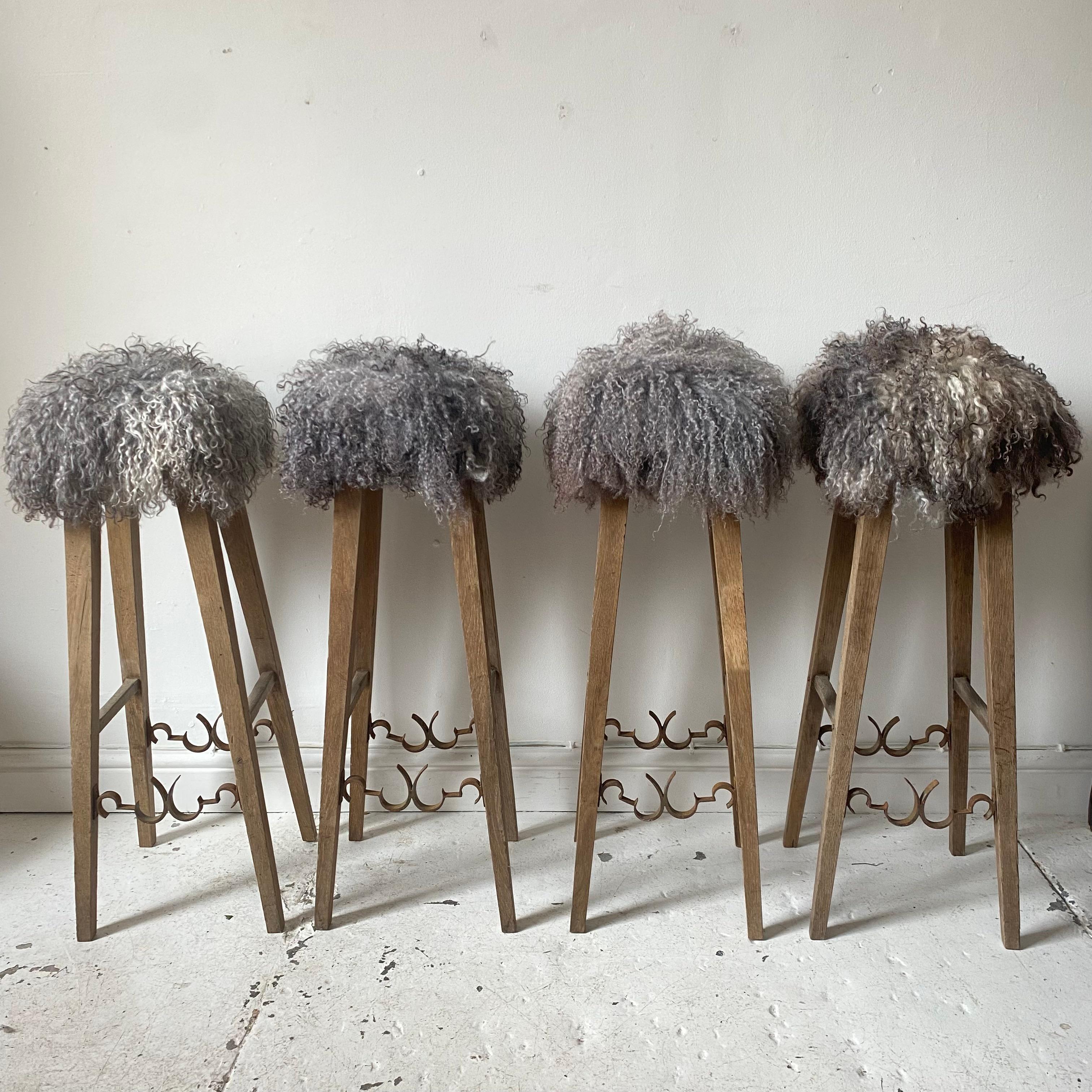 Mid-20th Century Set of 4 French Cafe Bar Stools with Gotland Sheepskin Tops, 20th Century For Sale