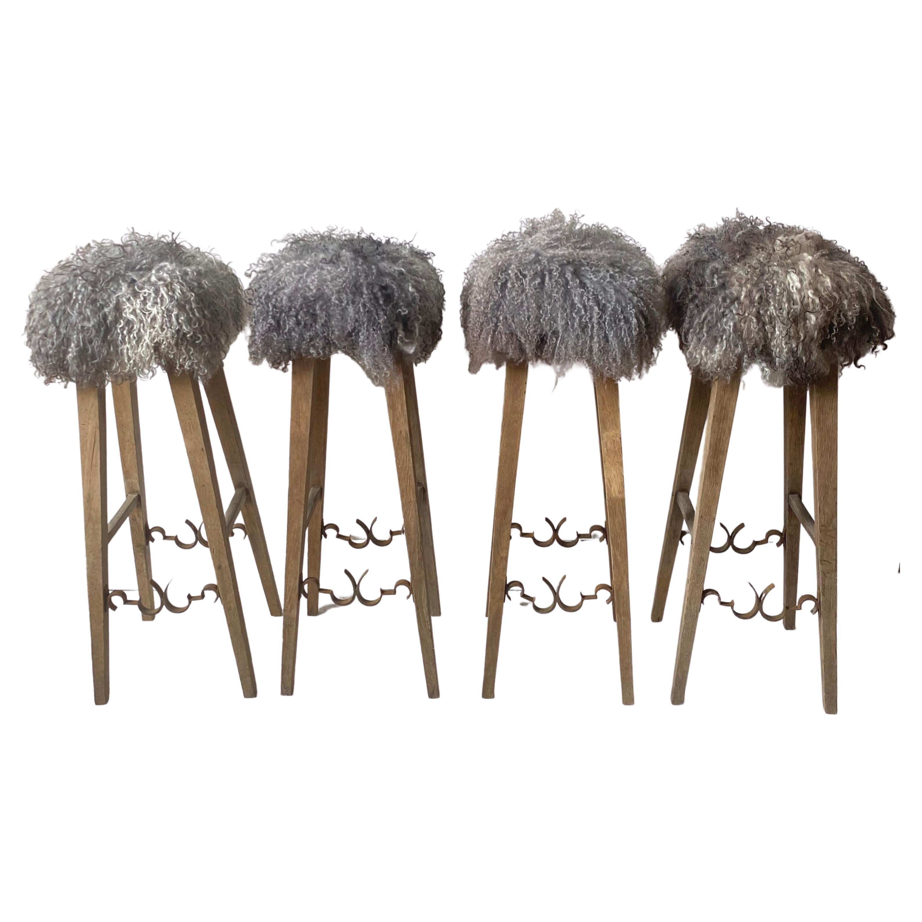 Set of 4 French Cafe Bar Stools with Gotland Sheepskin Tops, 20th Century For Sale