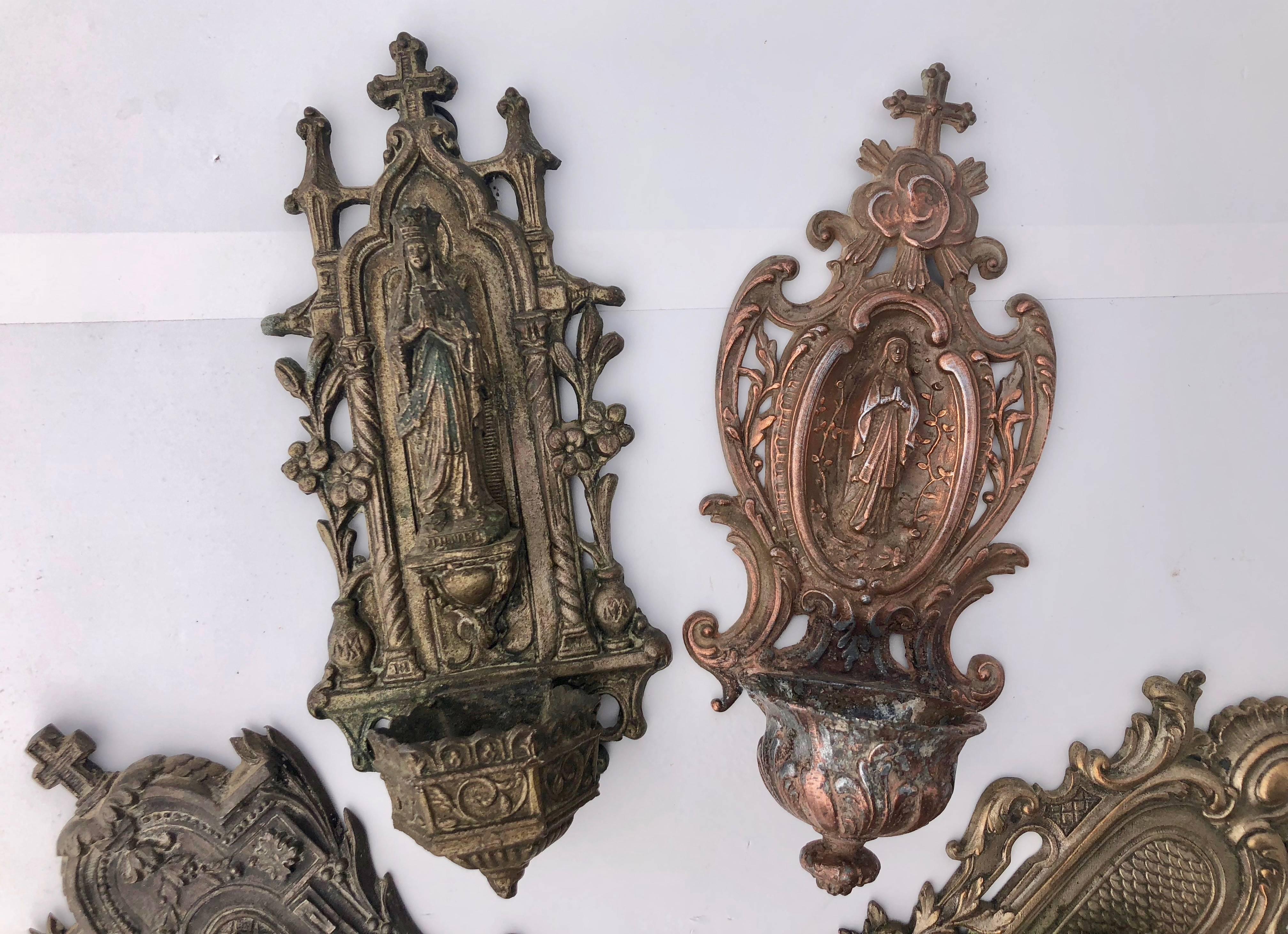 Set of Four French Cast Metal Holy Water Fonts 'Bénitiers' Depicting Mary, 1800s In Good Condition For Sale In Petaluma, CA