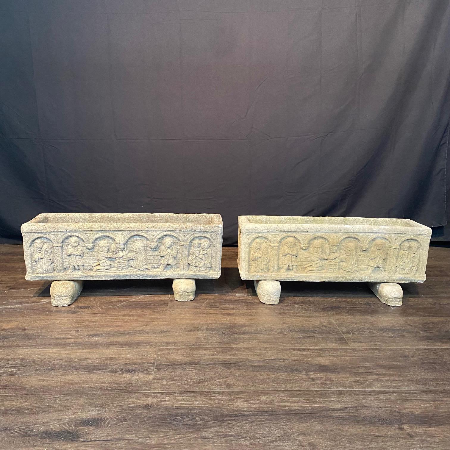 Set of 4 French Cast Stone Medeival Style Jardiniere Stone Planters For Sale 5