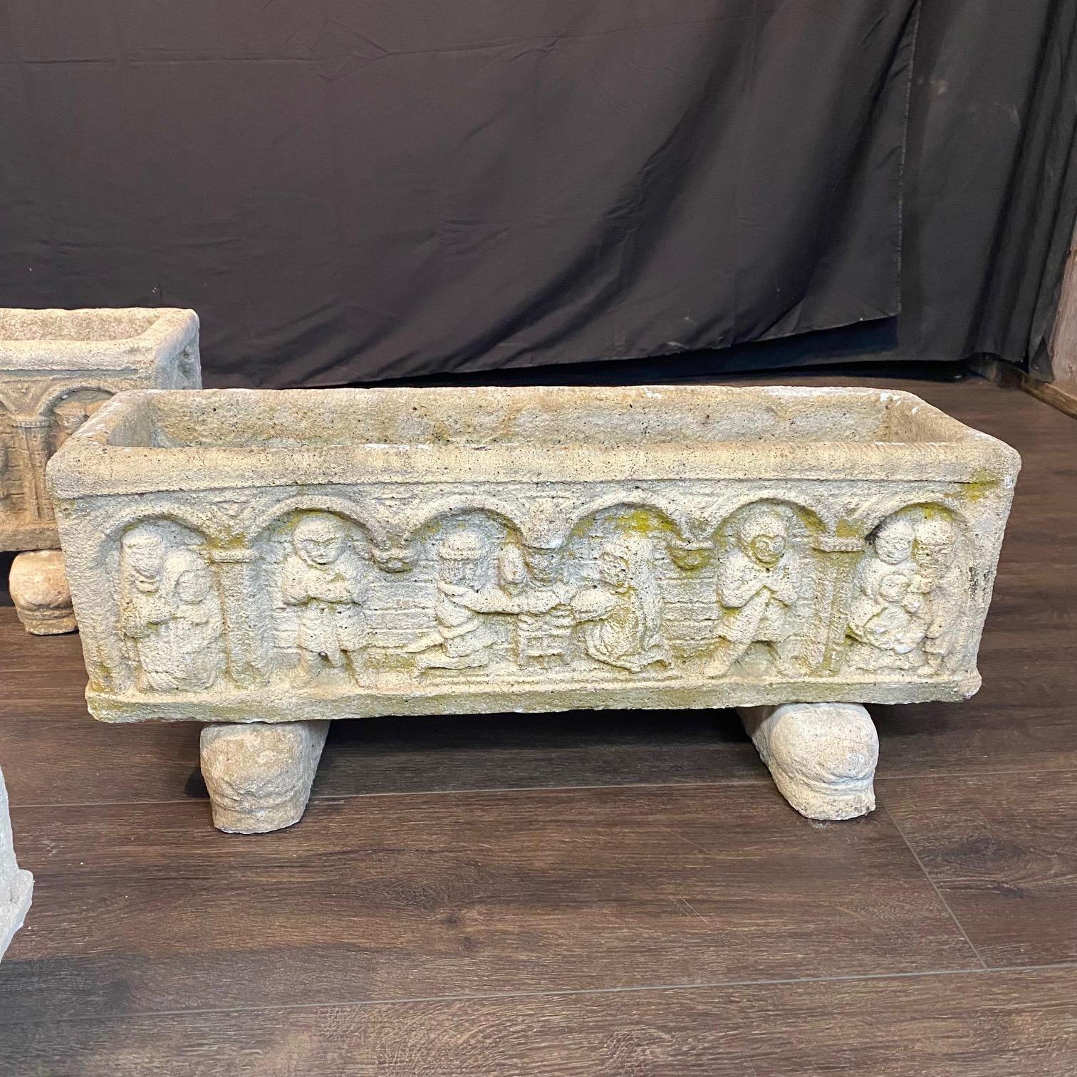 Set of 4 French Cast Stone Medeival Style Jardiniere Stone Planters For Sale 10