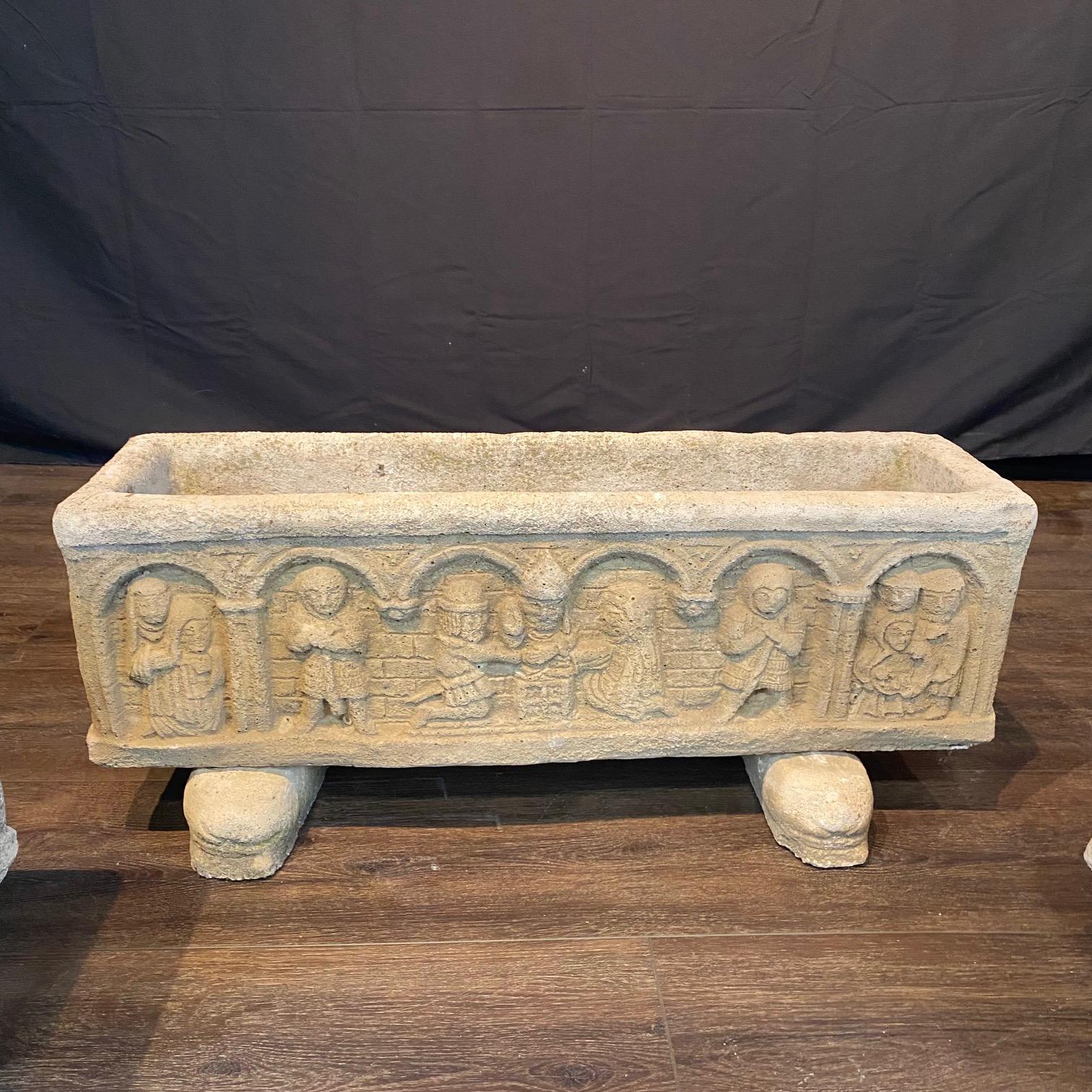Set of 4 French Cast Stone Medeival Style Jardiniere Stone Planters For Sale 11