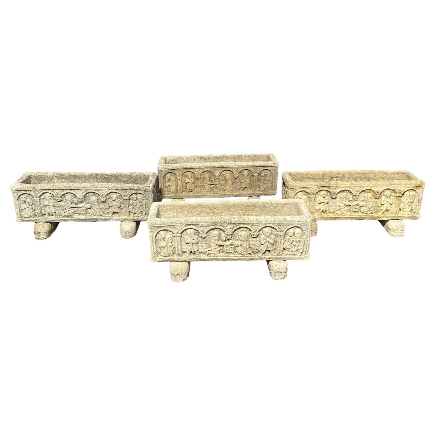 Set of 4 French Cast Stone Medeival Style Jardiniere Stone Planters For Sale