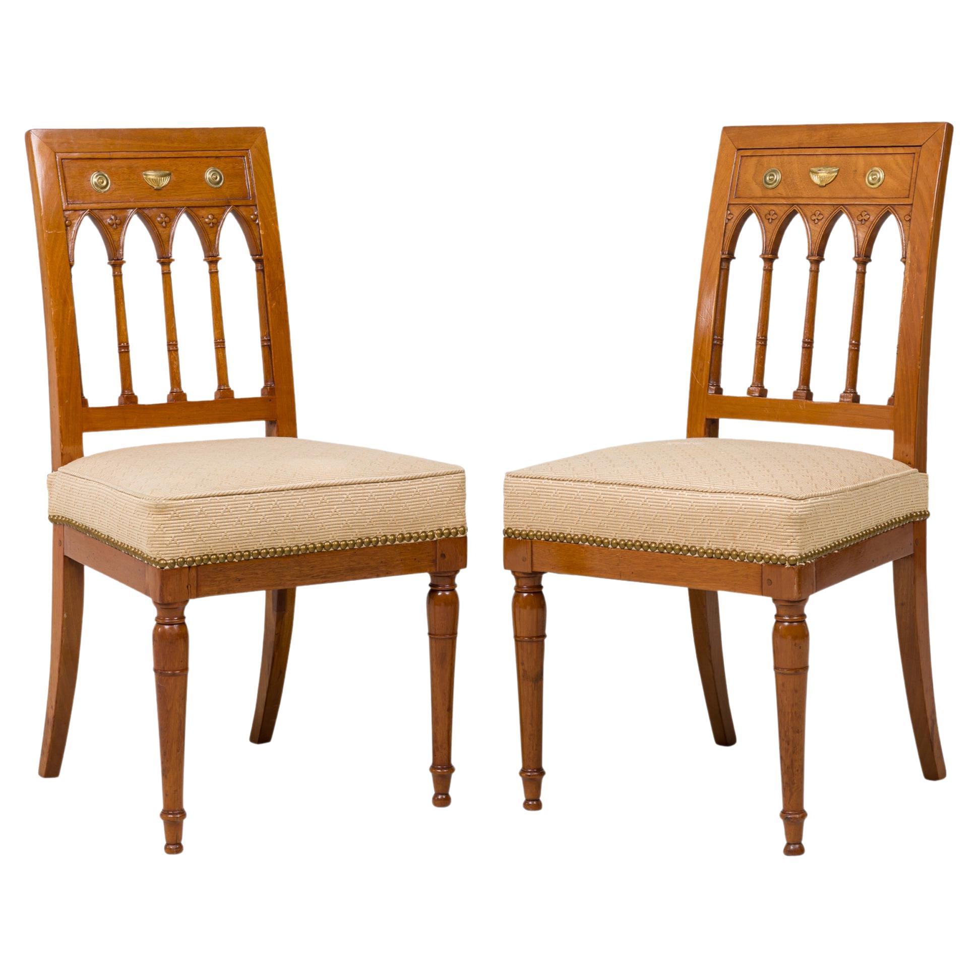 Set of 4 French Charles X Beige Upholstered Spindle Back Dining Side Chairs