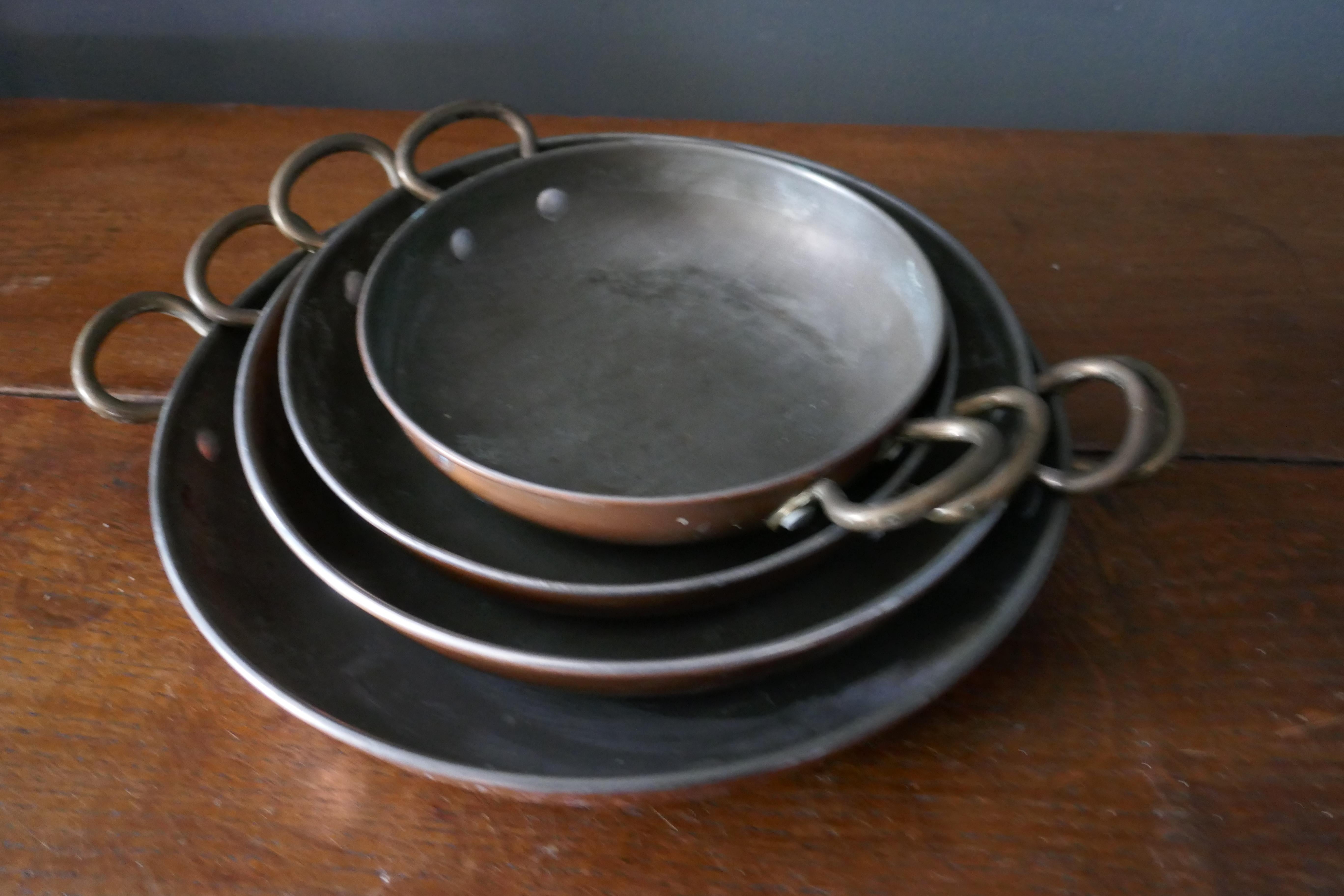 Country Set of 4 French Copper Skillet, Grattan Dishes