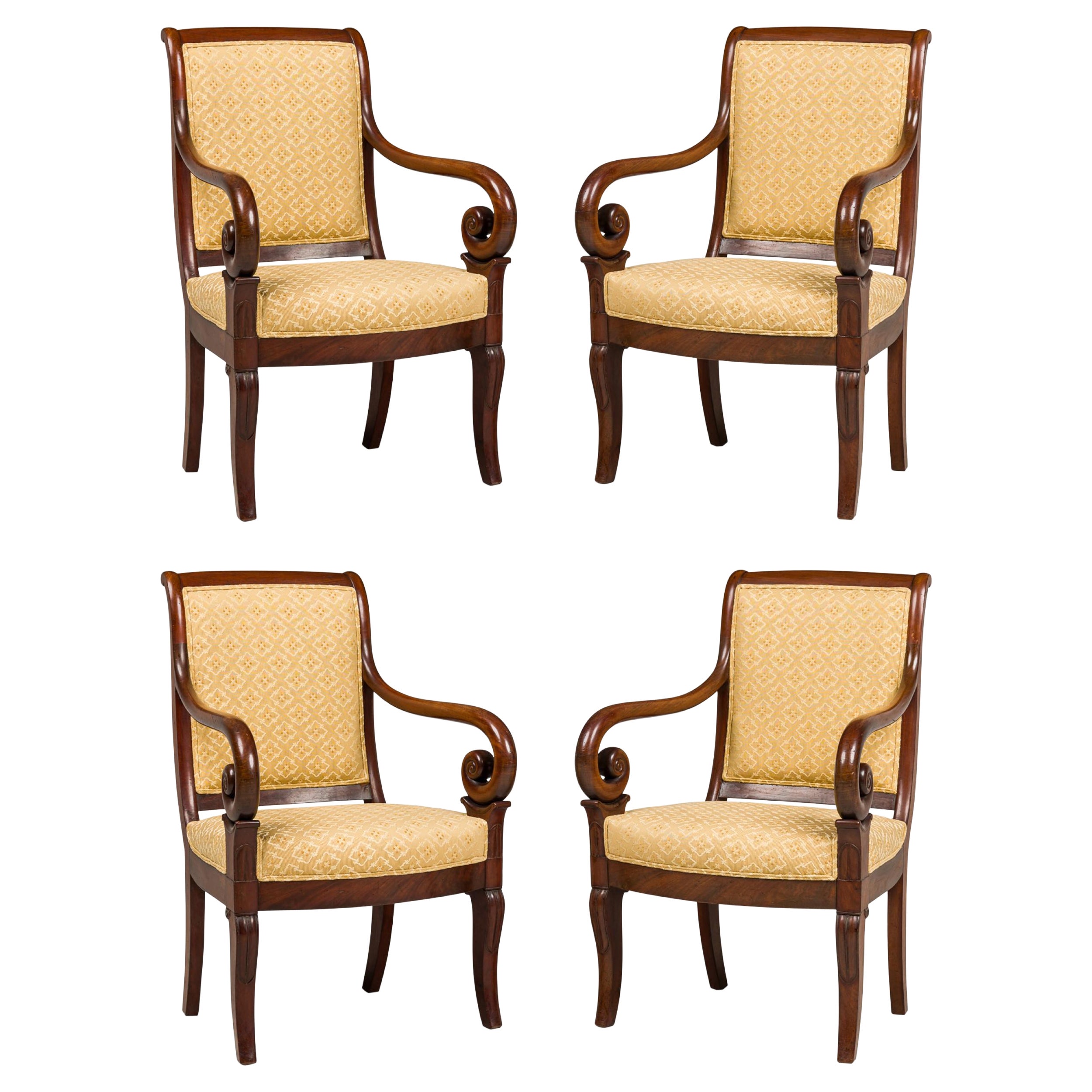 Set of 4 French Directoire Curled Armchairs For Sale