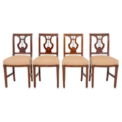 Antique Set of 4 French Empire Walnut Lyre Back Dining Chairs