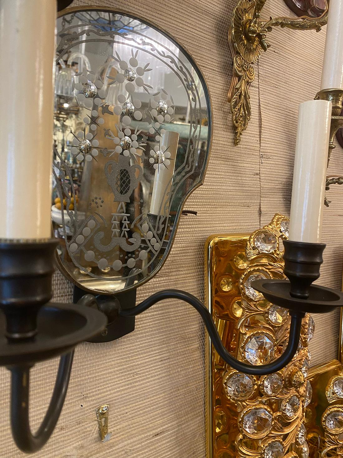 Pair of French Etched Mirror Sconces For Sale 3