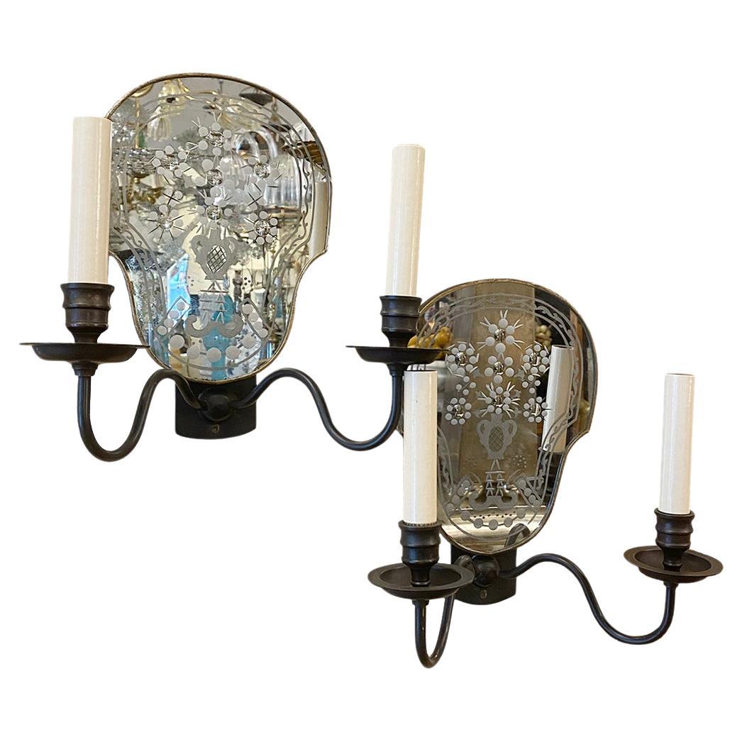 Pair of French Etched Mirror Sconces For Sale