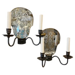 Retro Pair of French Etched Mirror Sconces