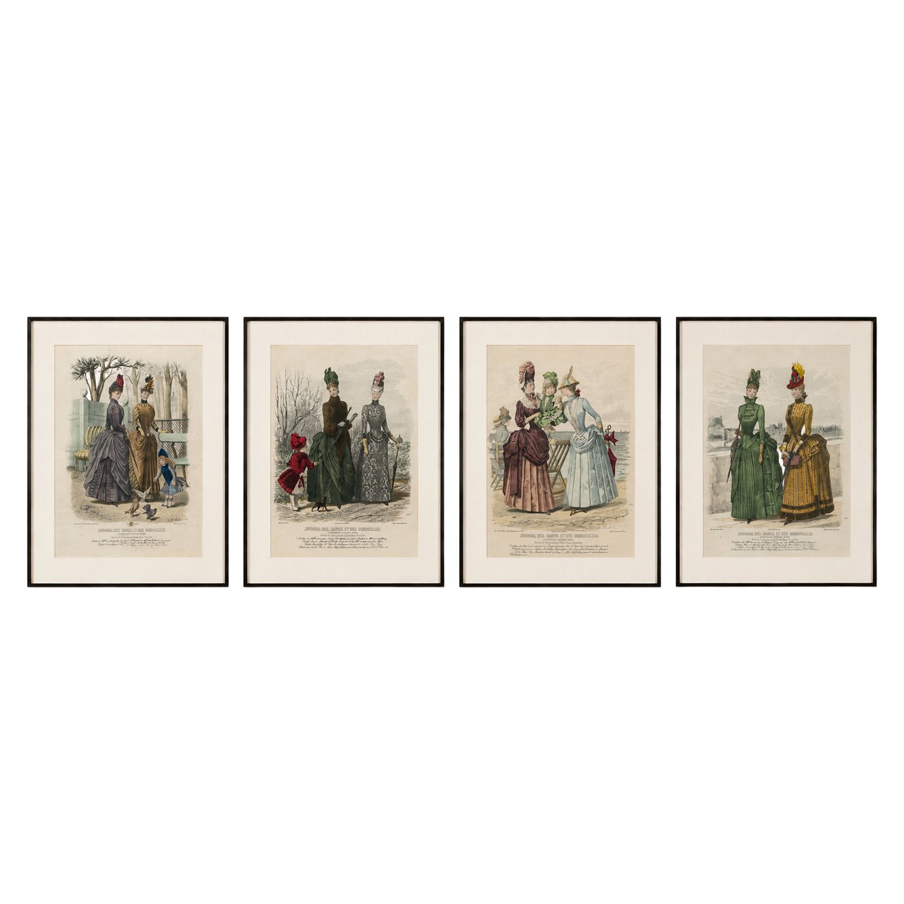 Set of 4 French Fashion Prints, Hand-Colored, Parisian Ladies & Children, 1887