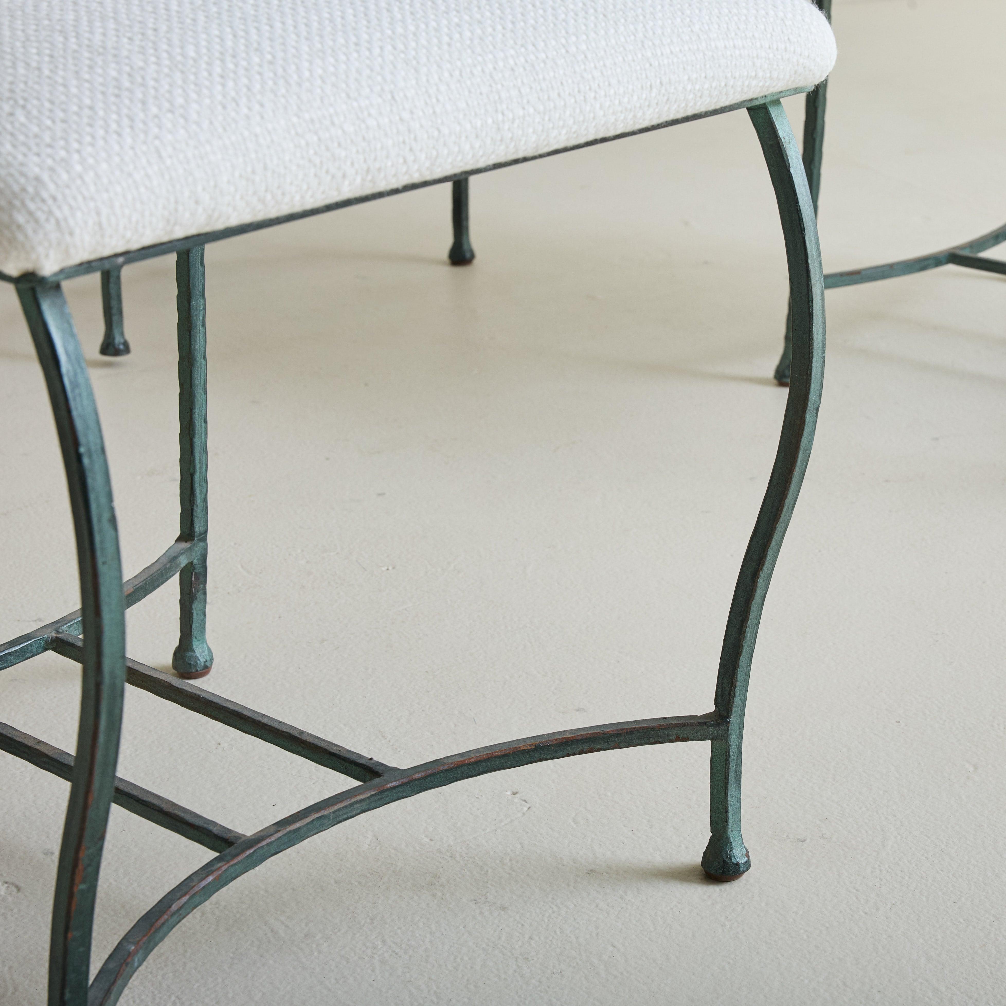 Upholstery Set of 4 French Hammered Verdigris Dining Chairs, 1940s For Sale