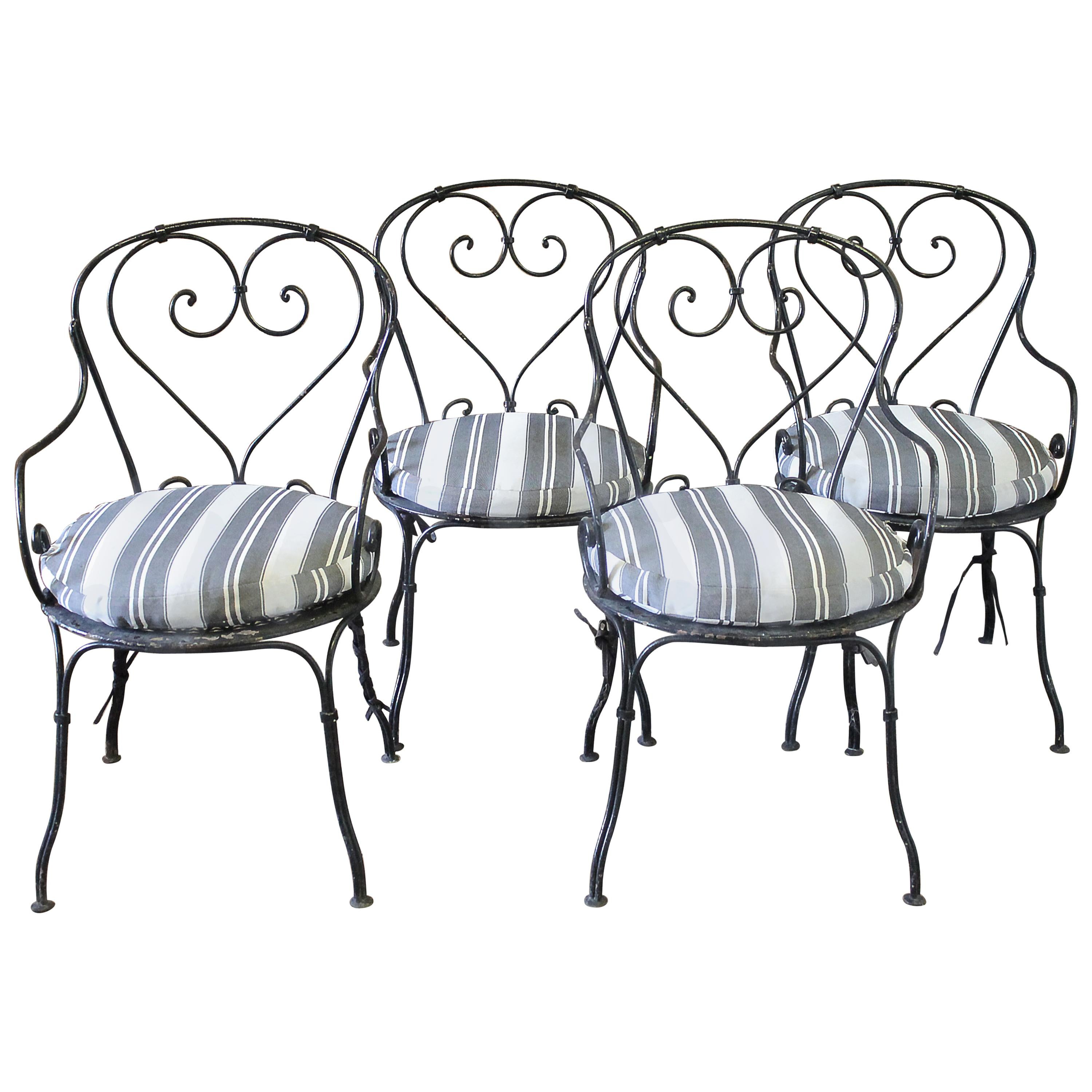 Set of 4 French Iron Bistro Armchairs with Outdoor Cushions