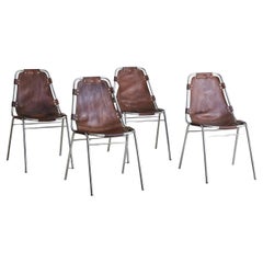 Set of 4 French 'Les Arcs' Brown Leather Chairs Attributed to Charlotte Perriand