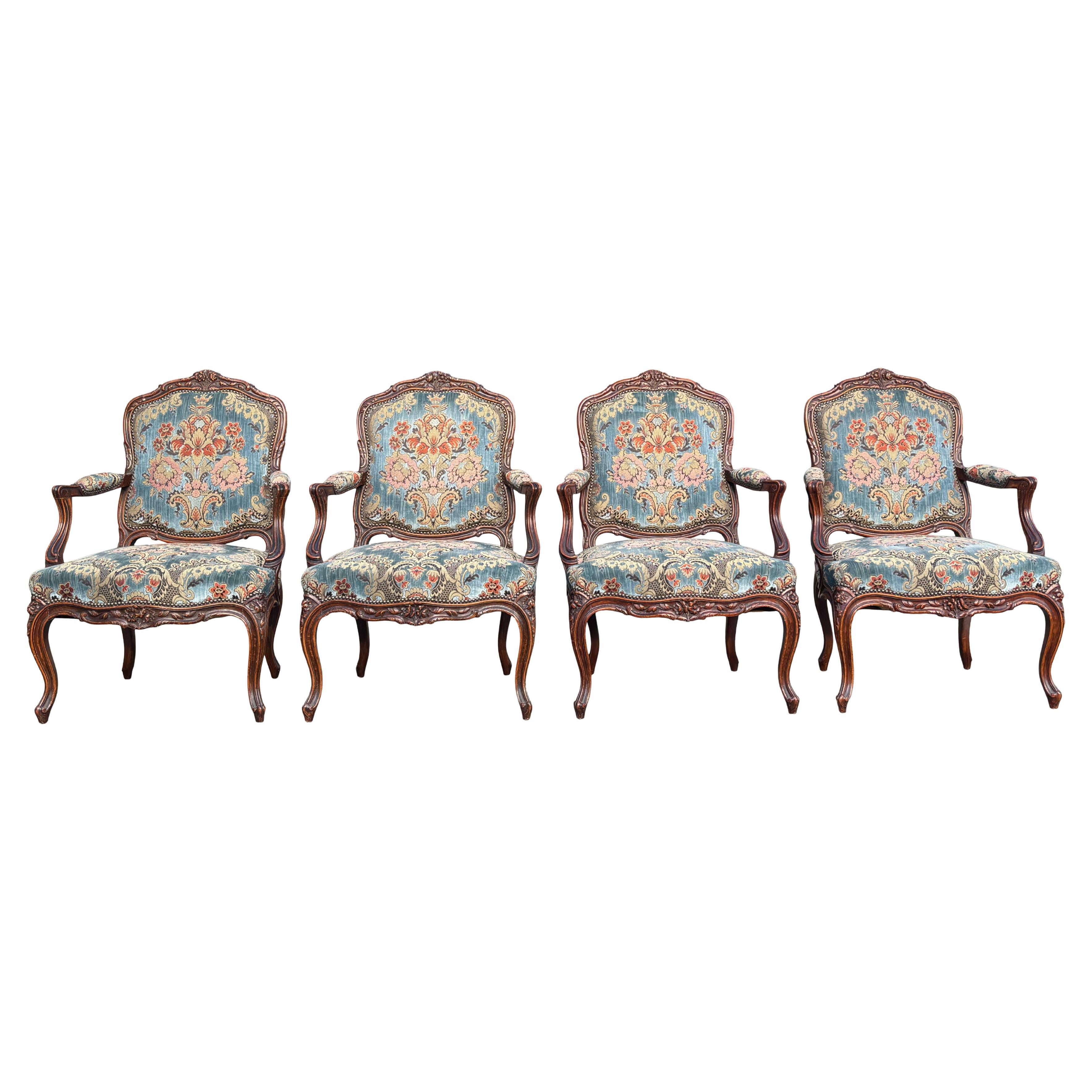 Set of 4 French Louis XV 19th Century Upholstered Armchairs