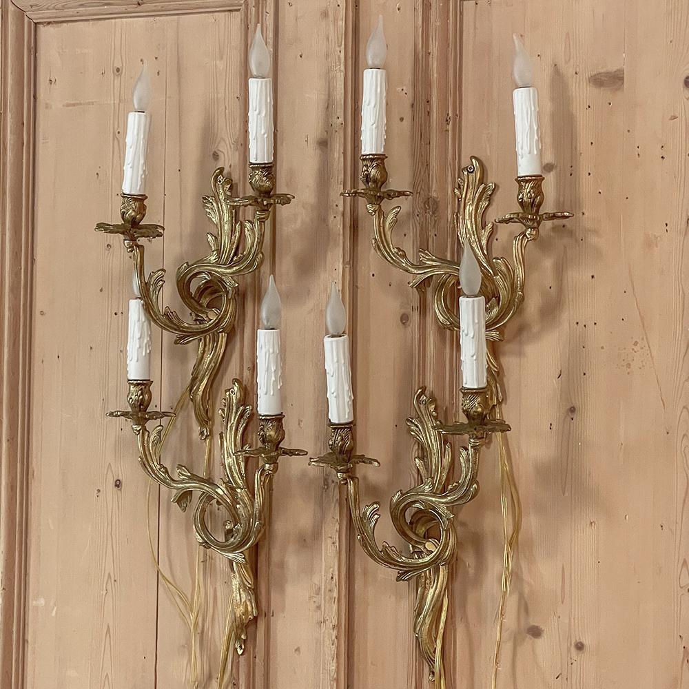 Hand-Crafted Set of 4 French Louis XV Bronze Electrified Wall Sconces