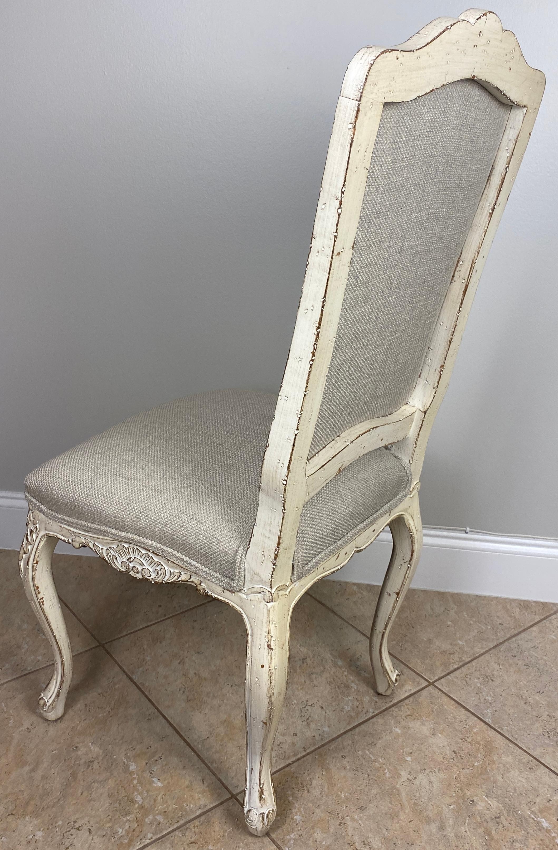 Hand-Carved Set of 4 French Louis XV Style Dining Chairs, Painted Newly Reupholstered For Sale