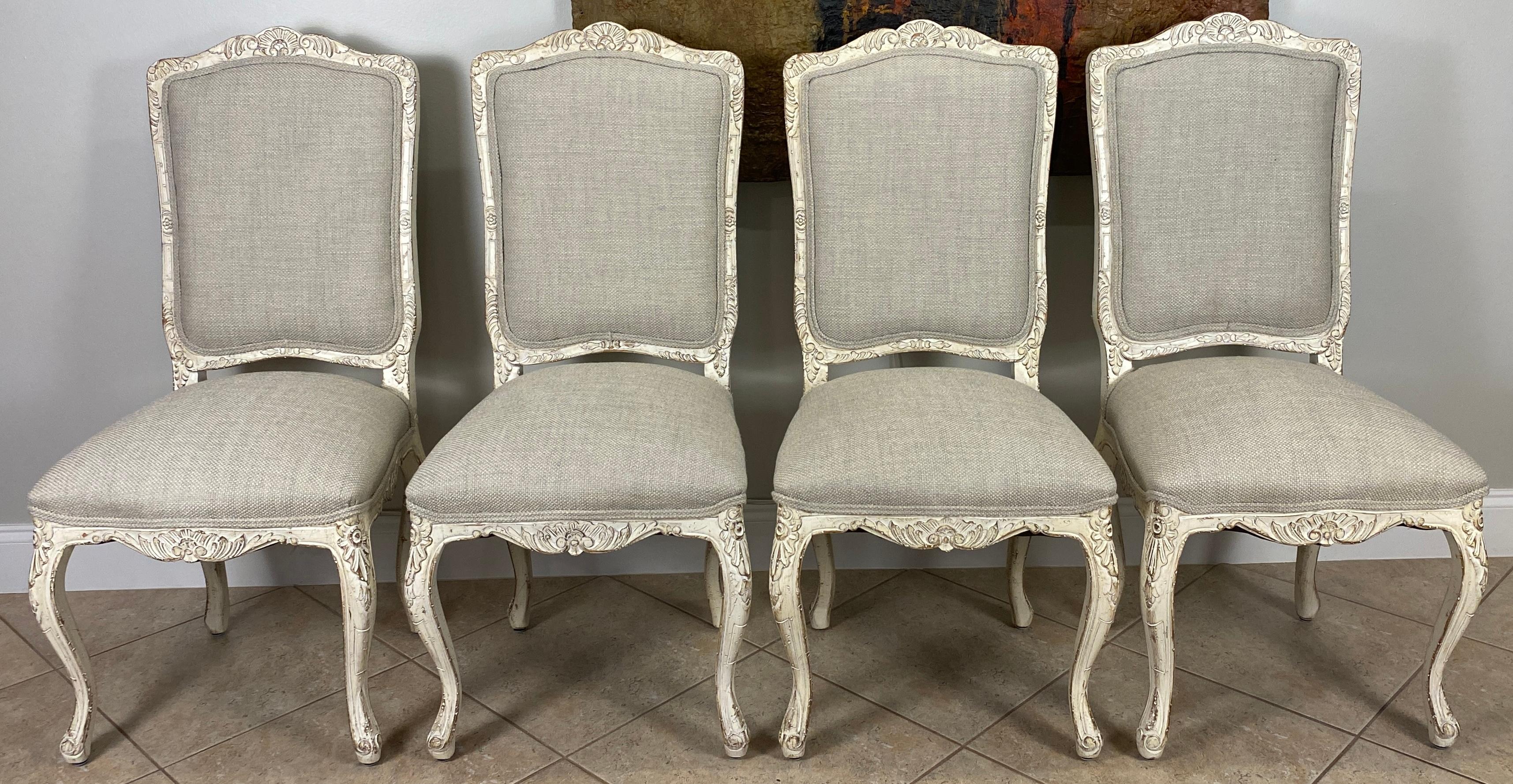 Set of 4 French Louis XV Style Dining Chairs, Painted Newly Reupholstered For Sale 3