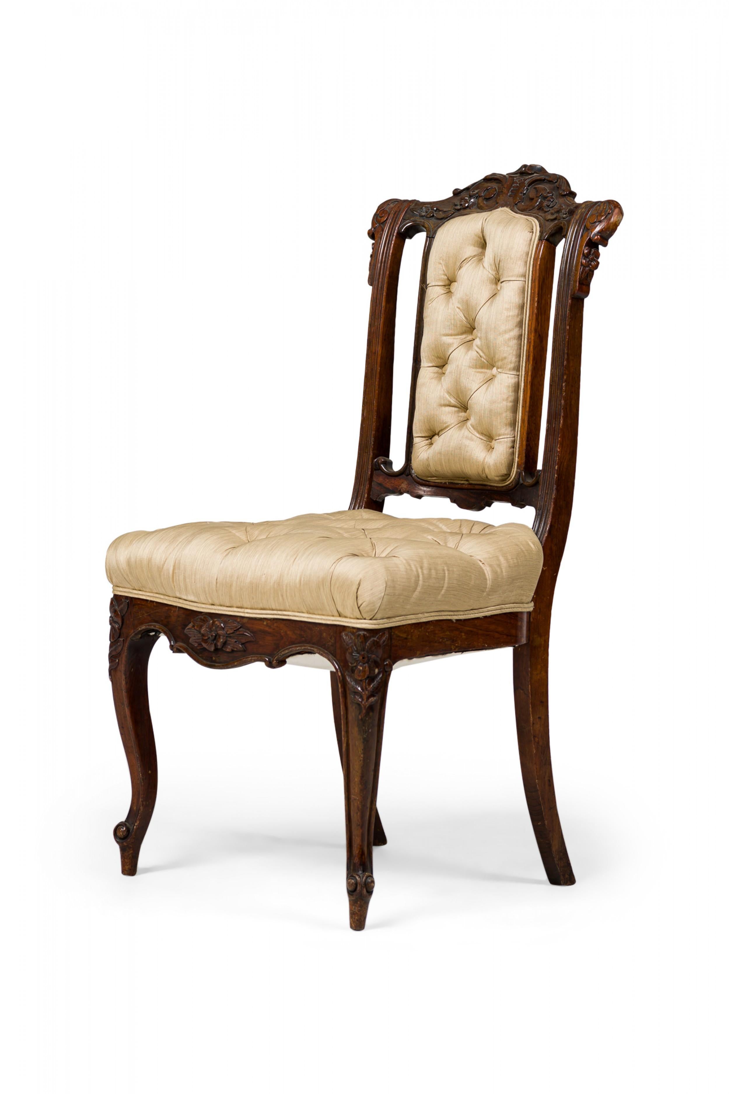Set of 4 French Louis XV-Style Mahogany & Beige Tufted Upholstered Side Chairs For Sale 5