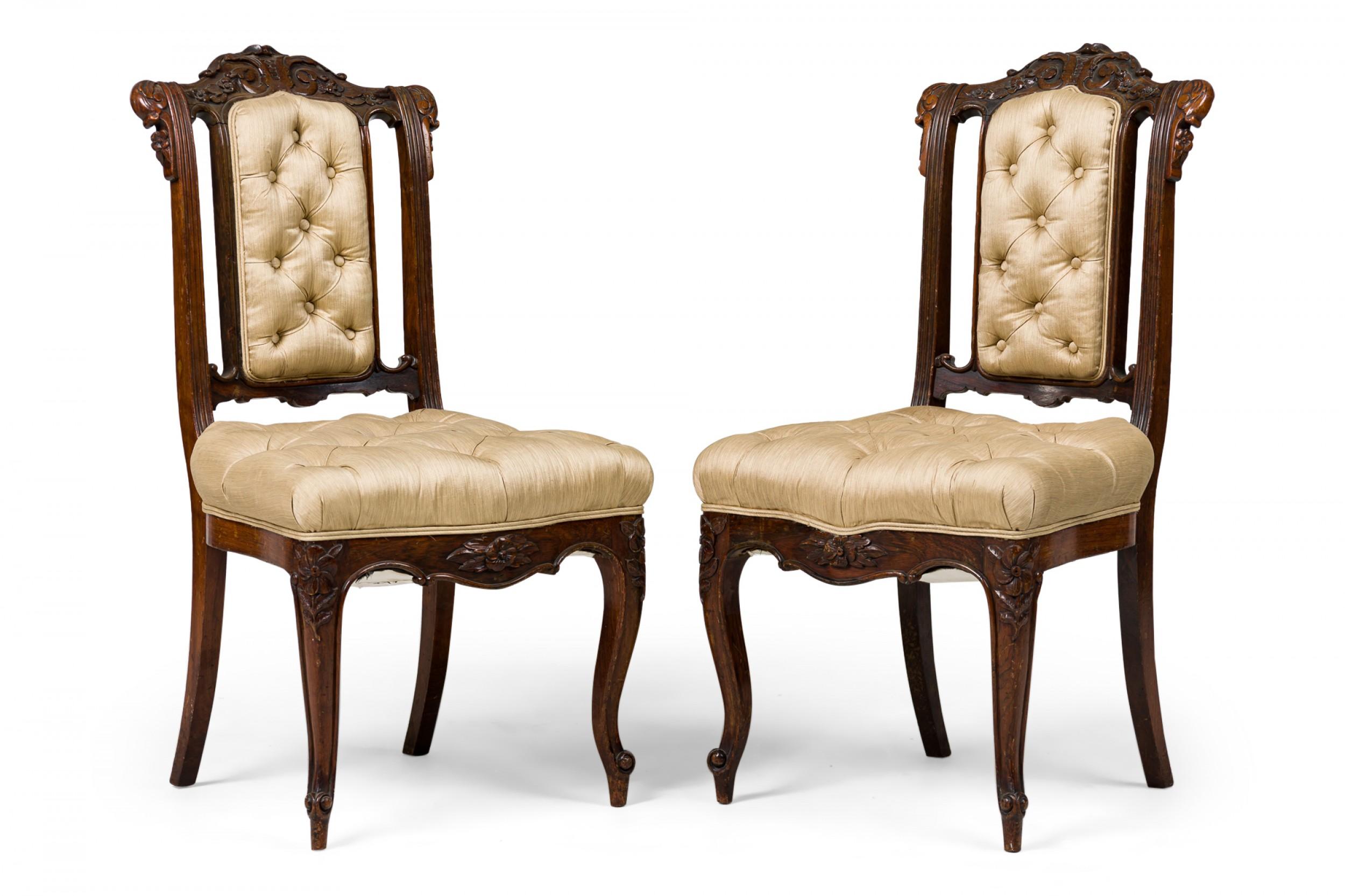 Mid-Century Modern Set of 4 French Louis XV-Style Mahogany & Beige Tufted Upholstered Side Chairs For Sale