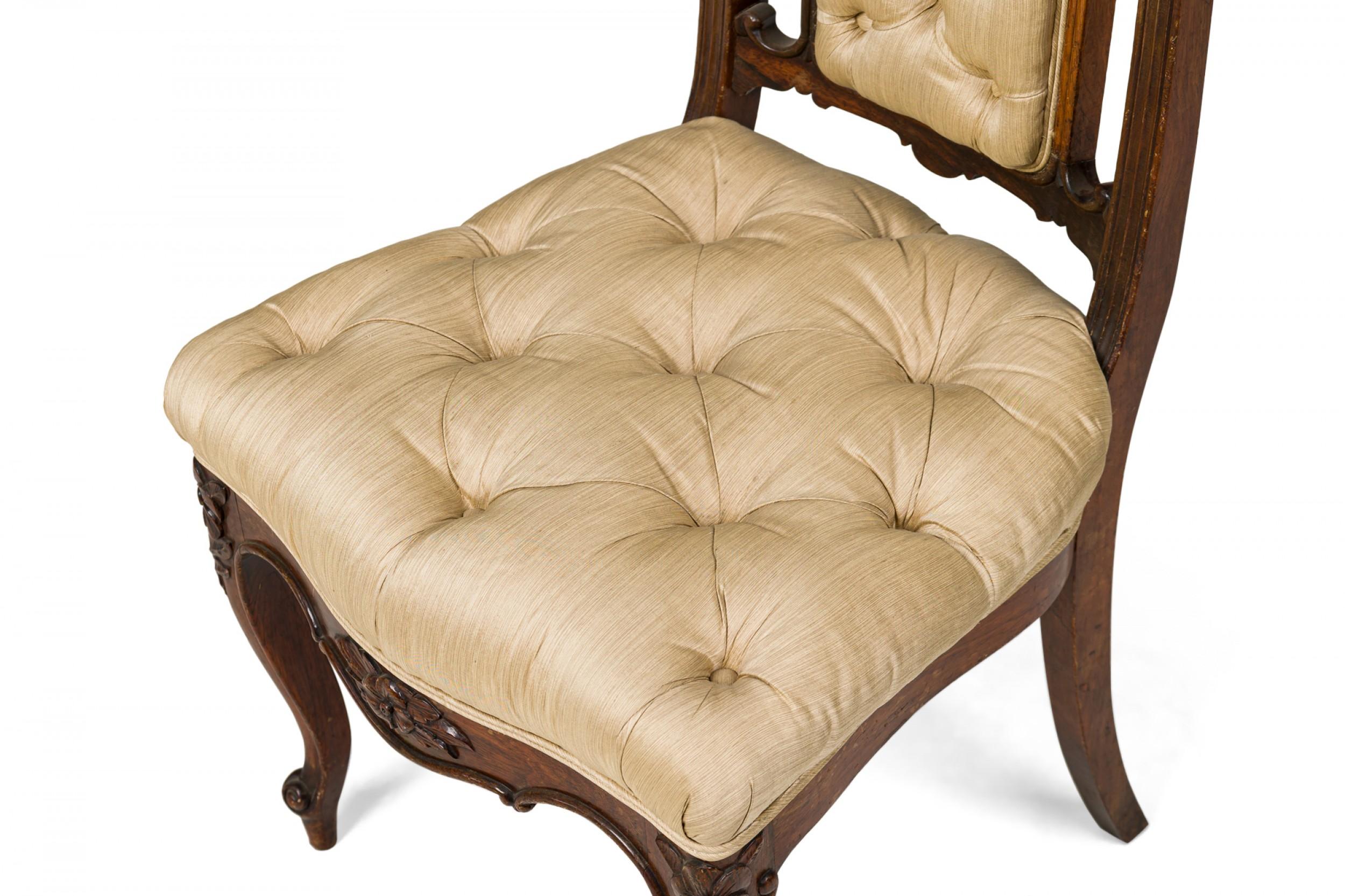 Set of 4 French Louis XV-Style Mahogany & Beige Tufted Upholstered Side Chairs For Sale 3