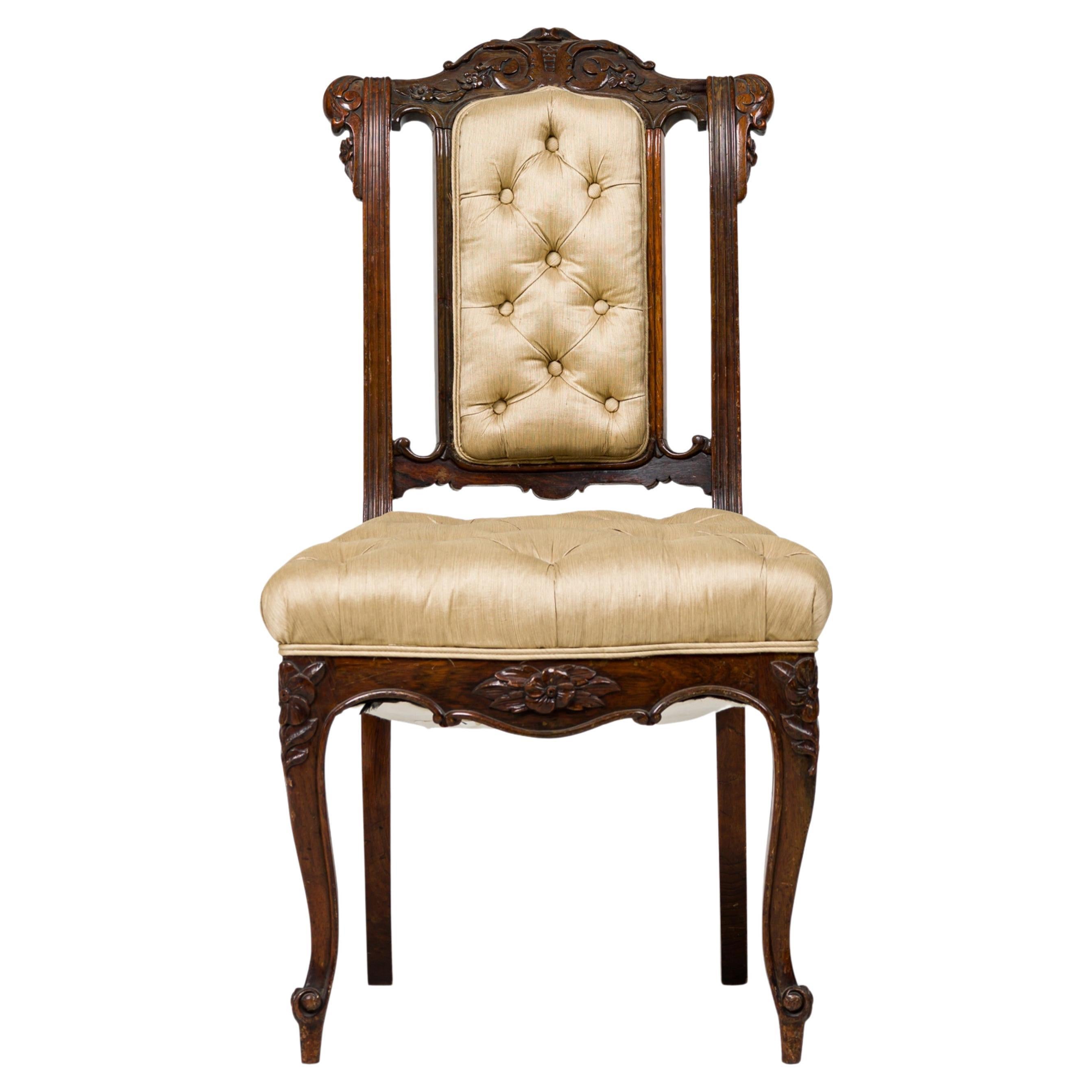 Set of 4 French Louis XV-Style Mahogany & Beige Tufted Upholstered Side Chairs For Sale