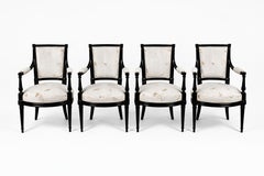 Set of 4 French Louis XVI Black Lacquer Carved Armchairs, 19th Century