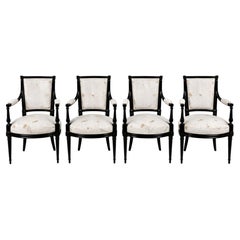 Set of 4 French Louis XVI Black Lacquer Carved Armchairs, 19th Century