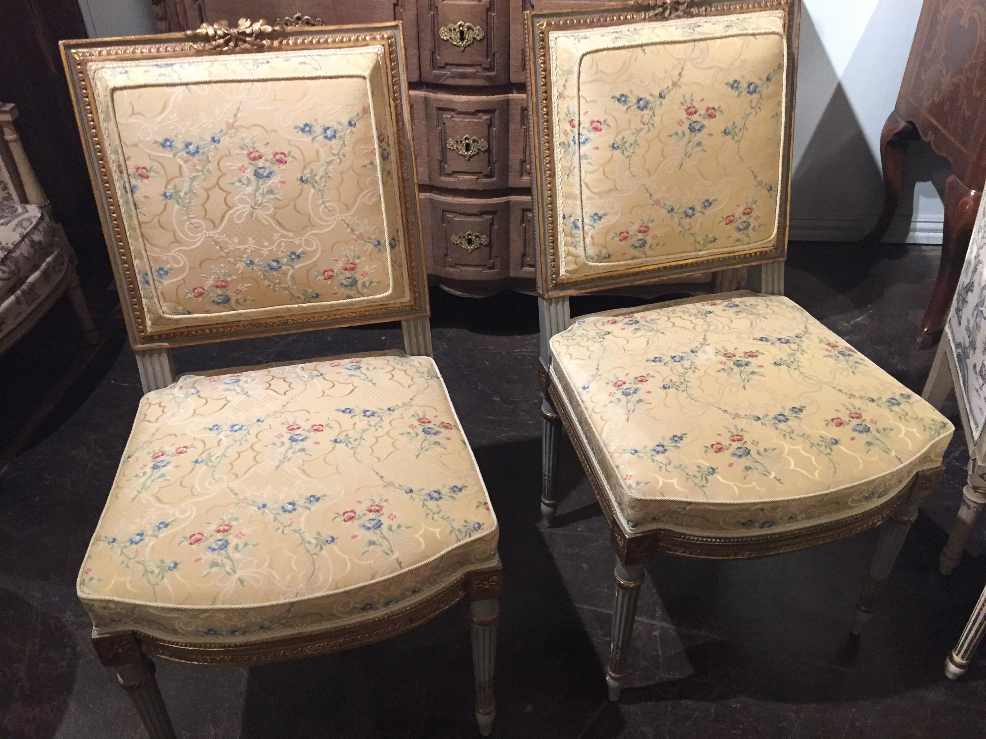 Carved Set of 4 French Louis XVI Silk Upholstered Side Chairs