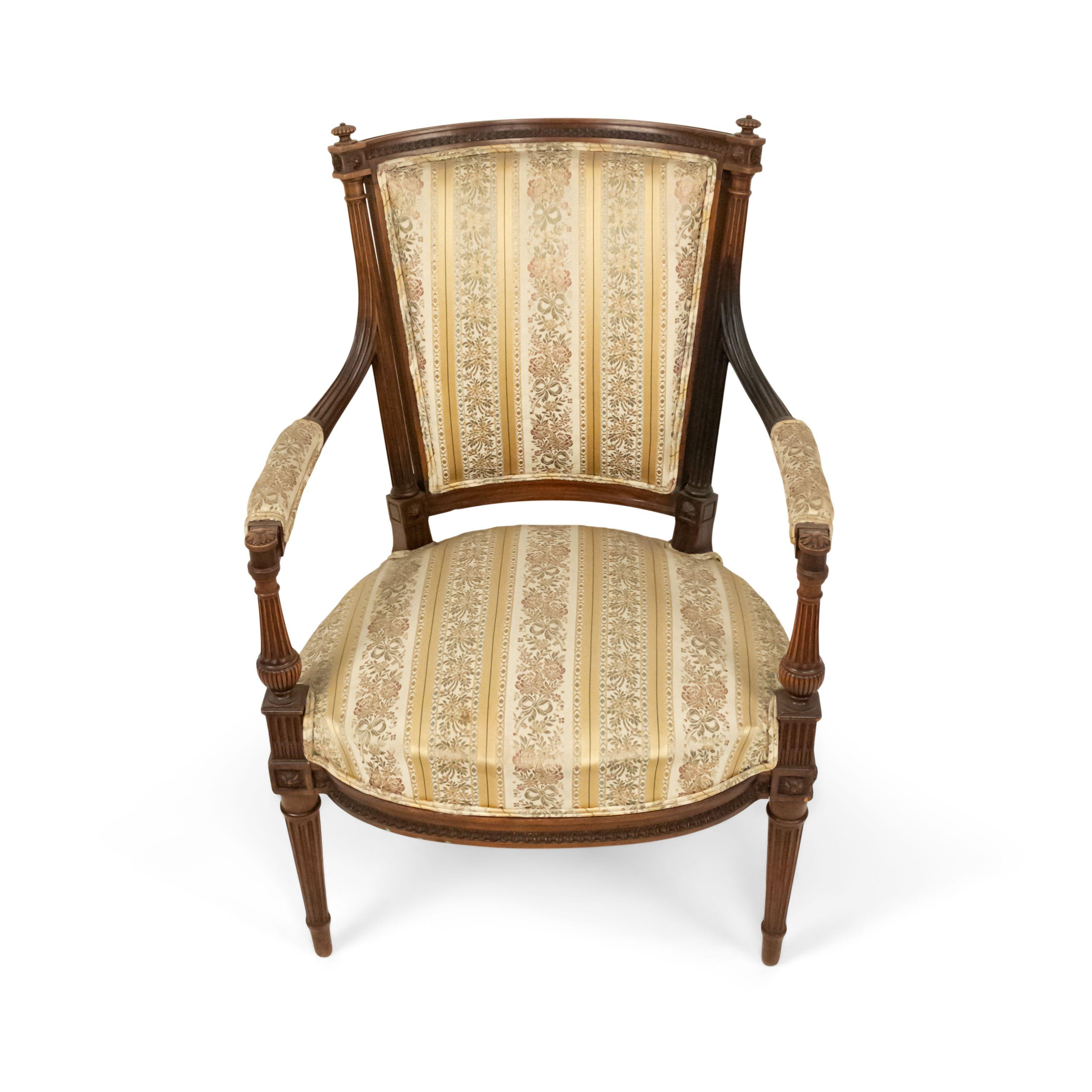 Set of 4 French Louis XVI Striped Walnut Arm Chairs For Sale 7