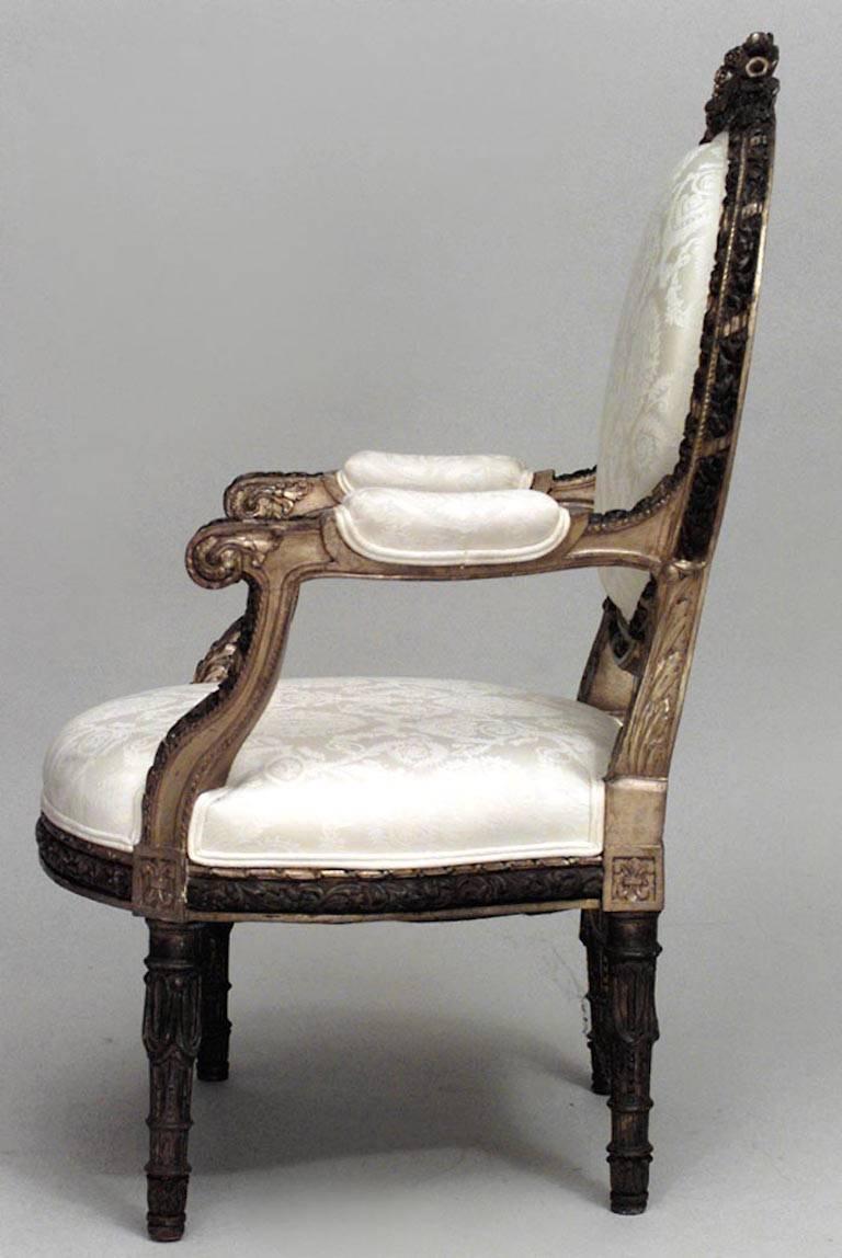 19th Century Set of 4 French Louis XVI Damask Arm Chairs For Sale