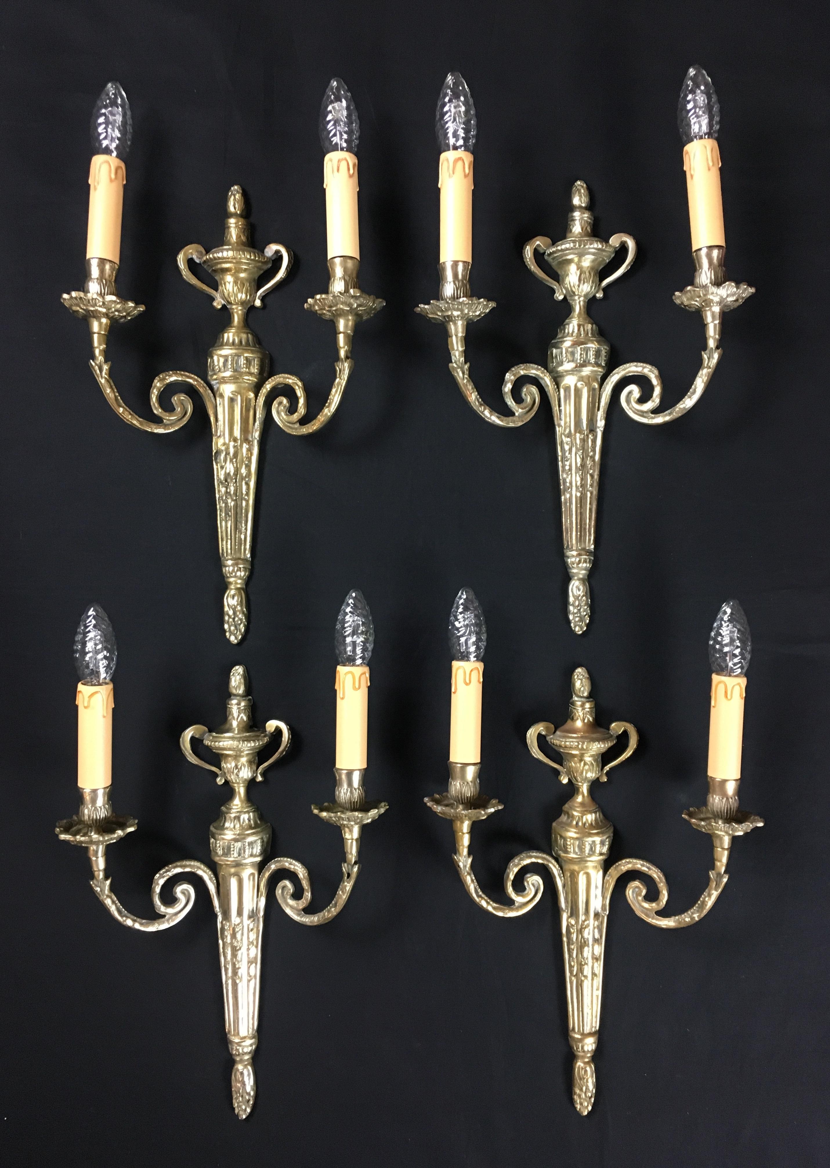 Set of 4 French Louis XVI Style Bronze Two-Armed Wall Sconces 1