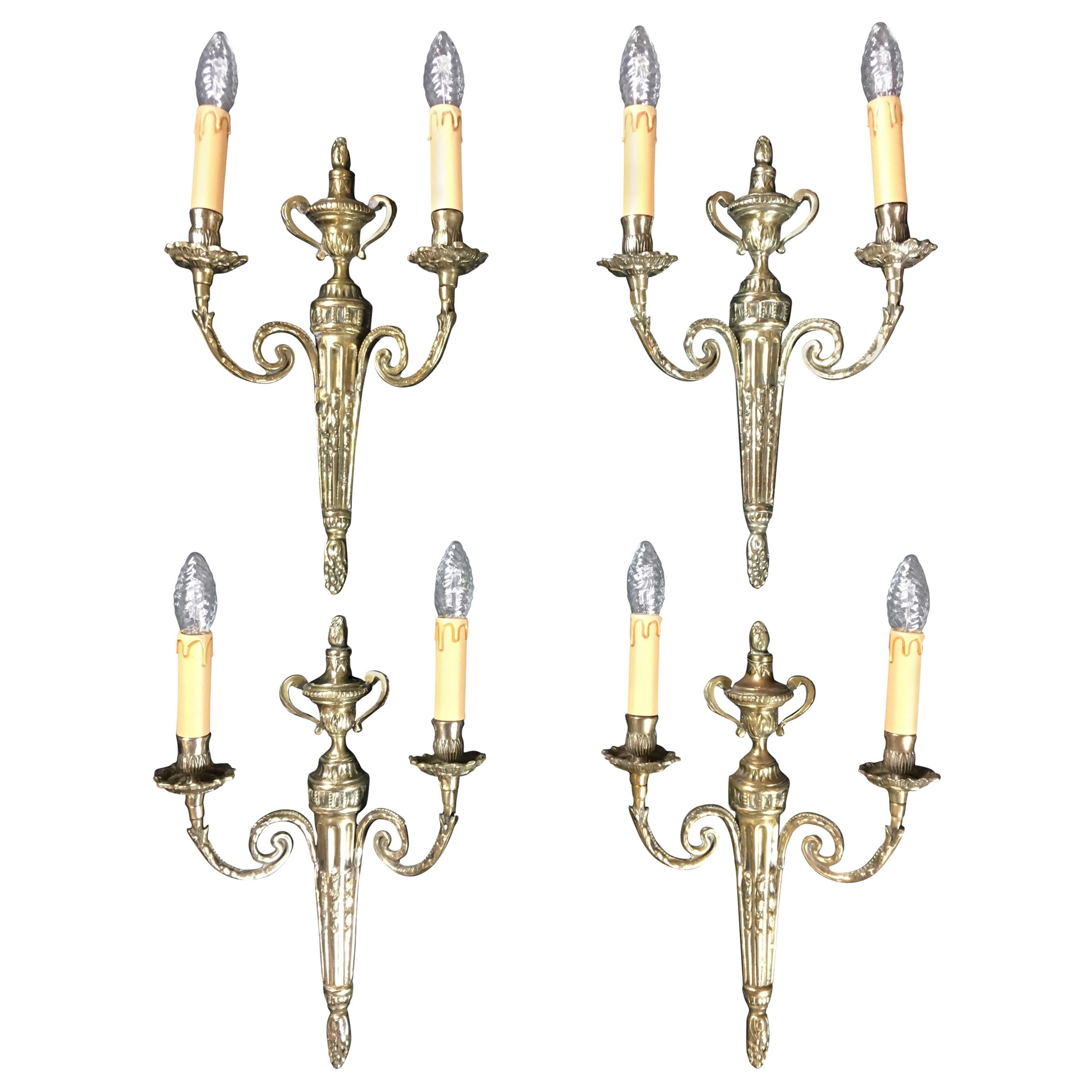 Set of 4 French Louis XVI Style Bronze Two-Armed Wall Sconces