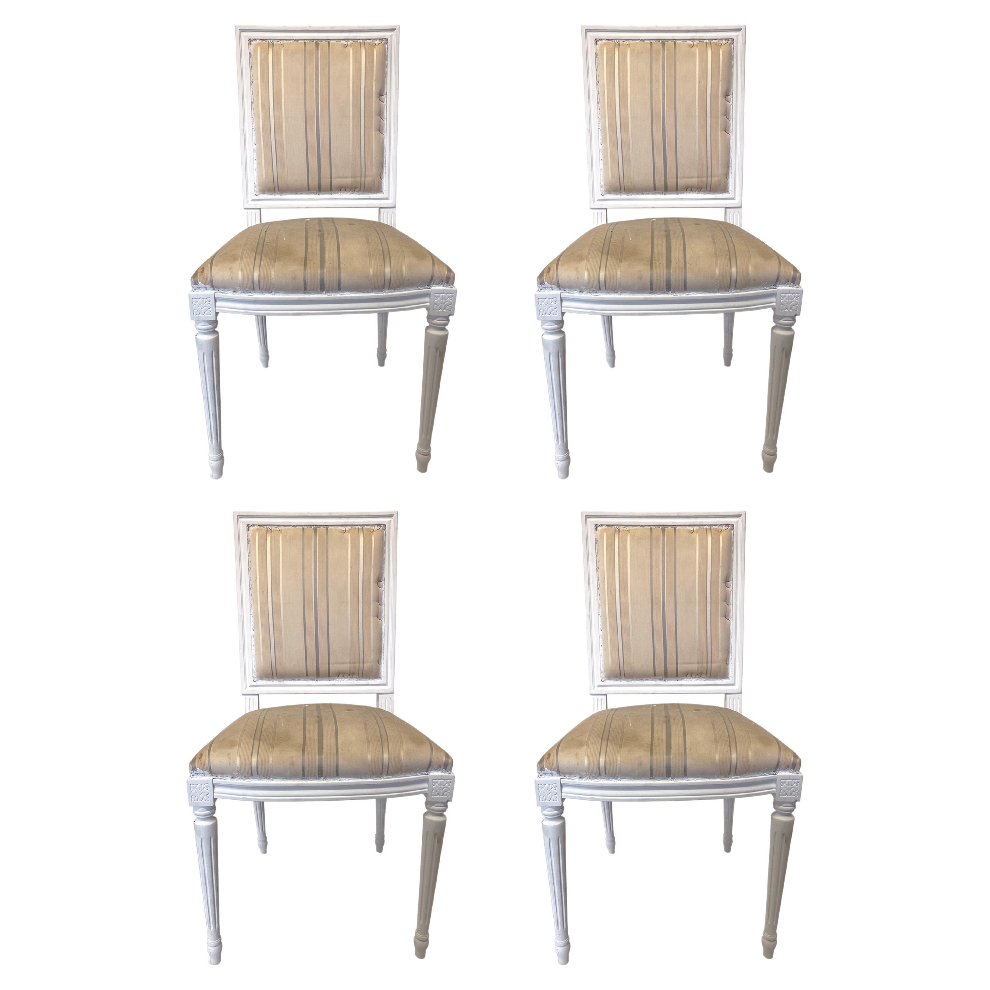 Set of 4 French Louis XVI Style Chairs with Upholstered Square Backrests