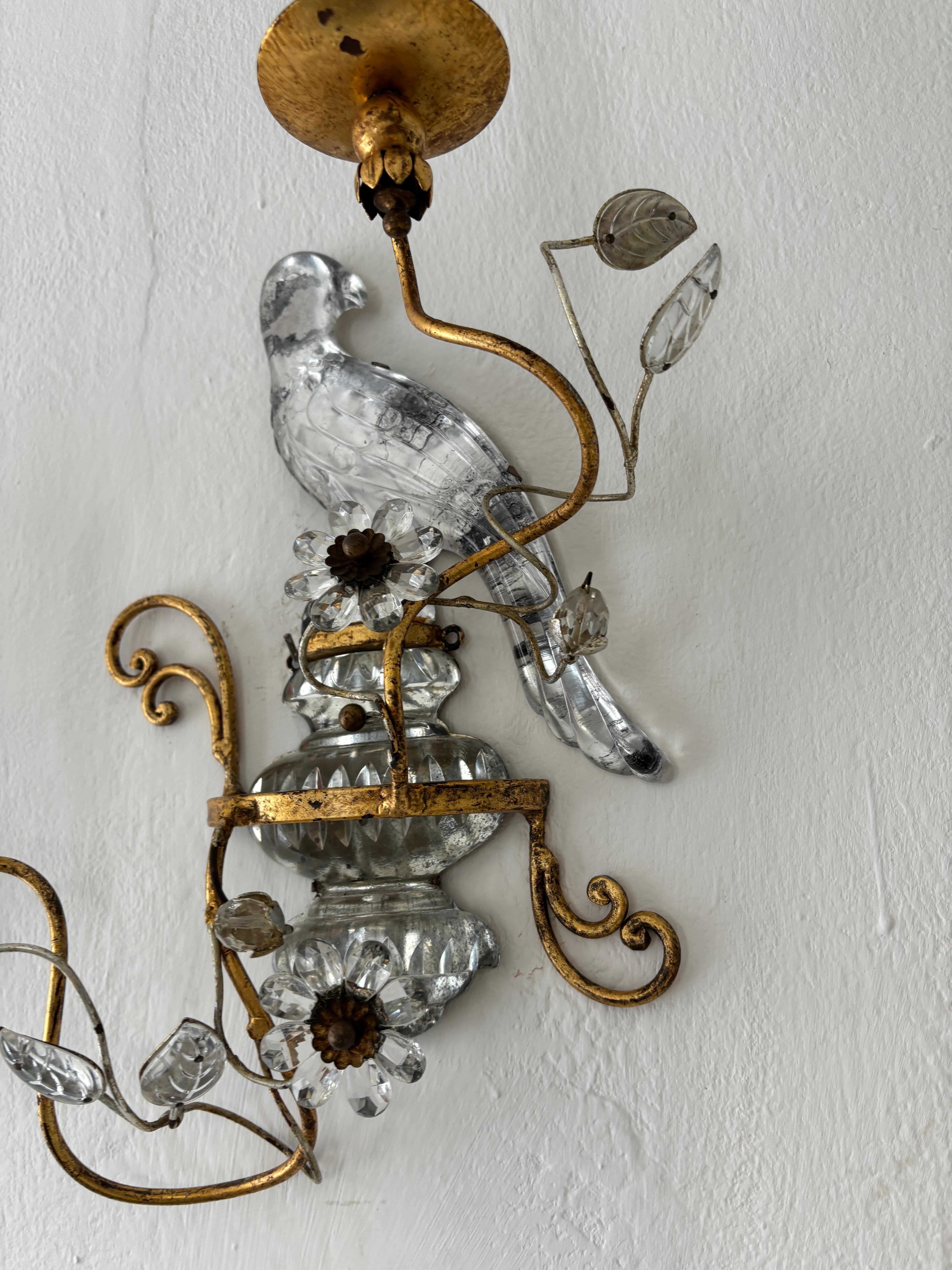 Set of 4 French Maison Bagues Parrot Crystal Bird Flower Sconces All 4 Included 7