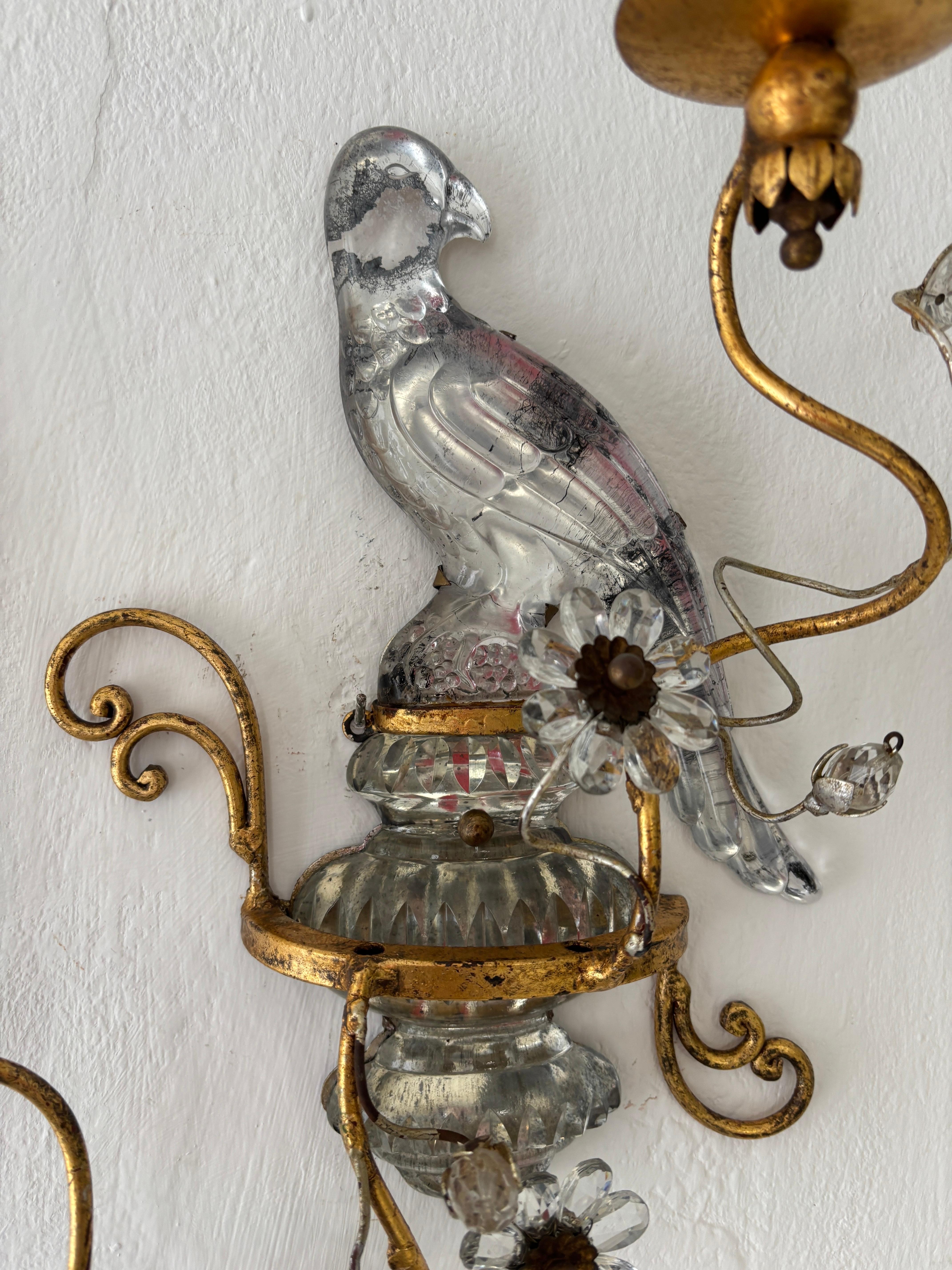 Set of 4 French Maison Bagues Parrot Crystal Bird Flower Sconces All 4 Included 9