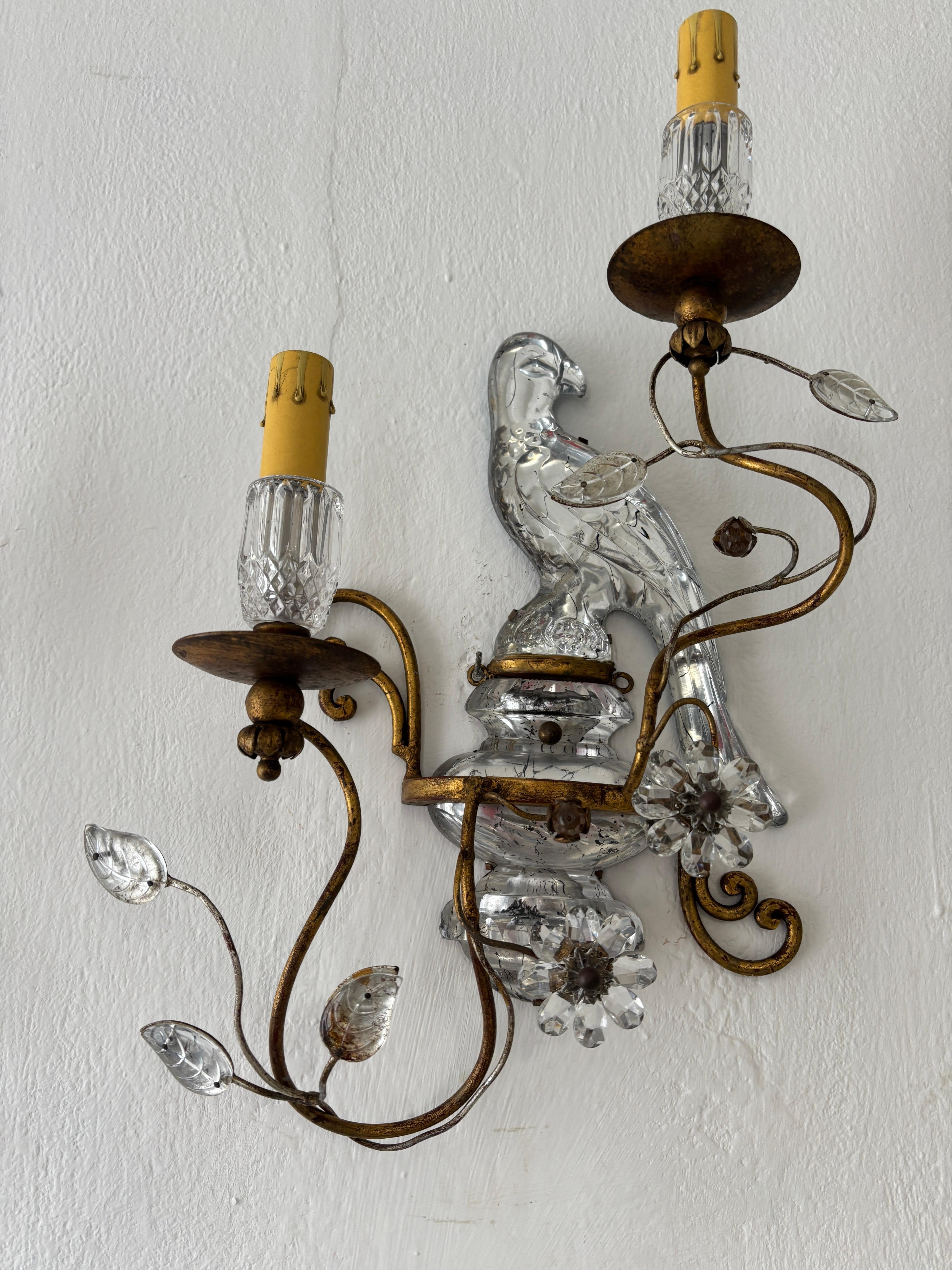 Set of 4 French Maison Bagues Parrot Crystal Bird Flower Sconces All 4 Included 1