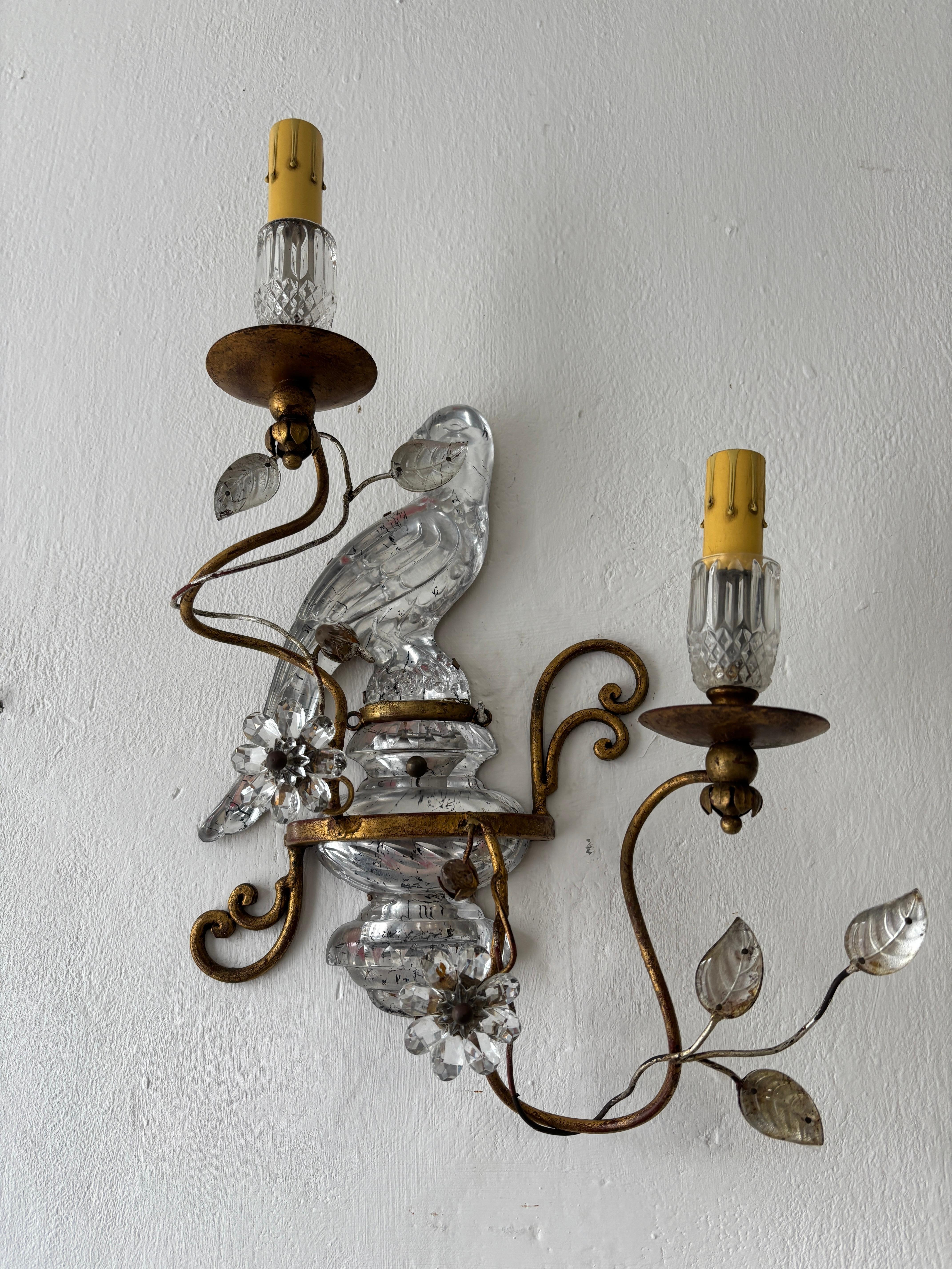 Set of 4 French Maison Bagues Parrot Crystal Bird Flower Sconces All 4 Included 2