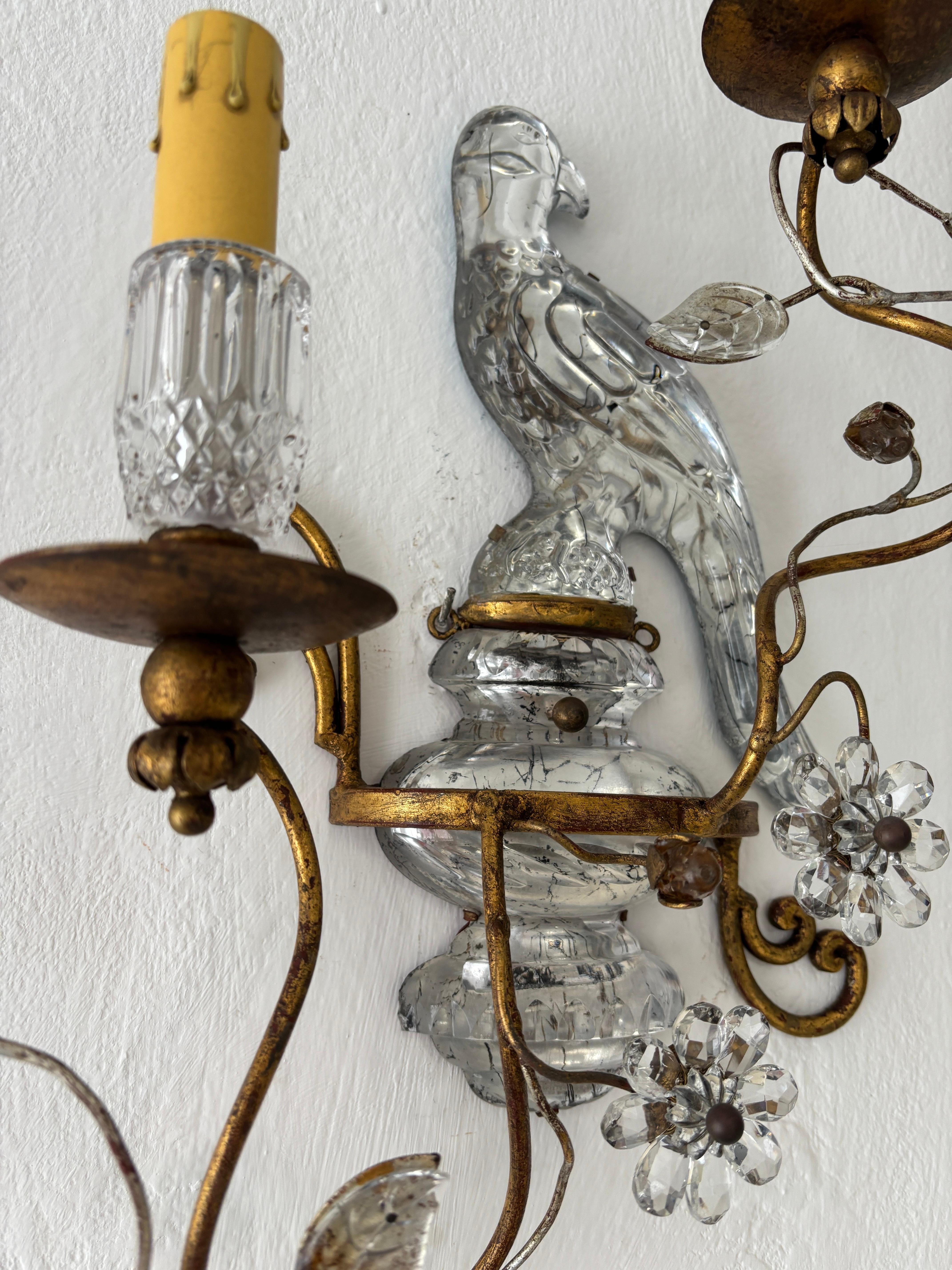 Set of 4 French Maison Bagues Parrot Crystal Bird Flower Sconces All 4 Included 3