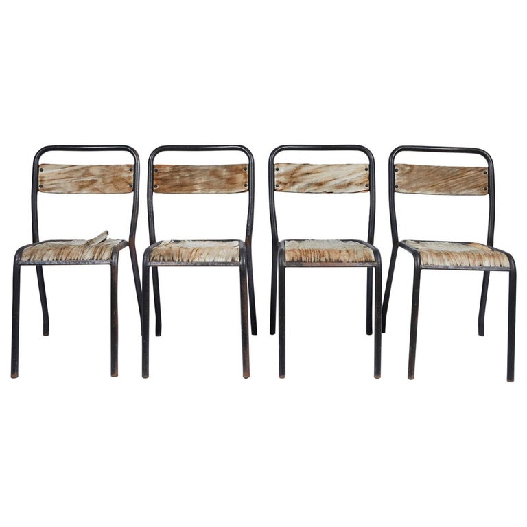 Set of 4 French Metal and Wood Chairs, circa 1920 For Sale