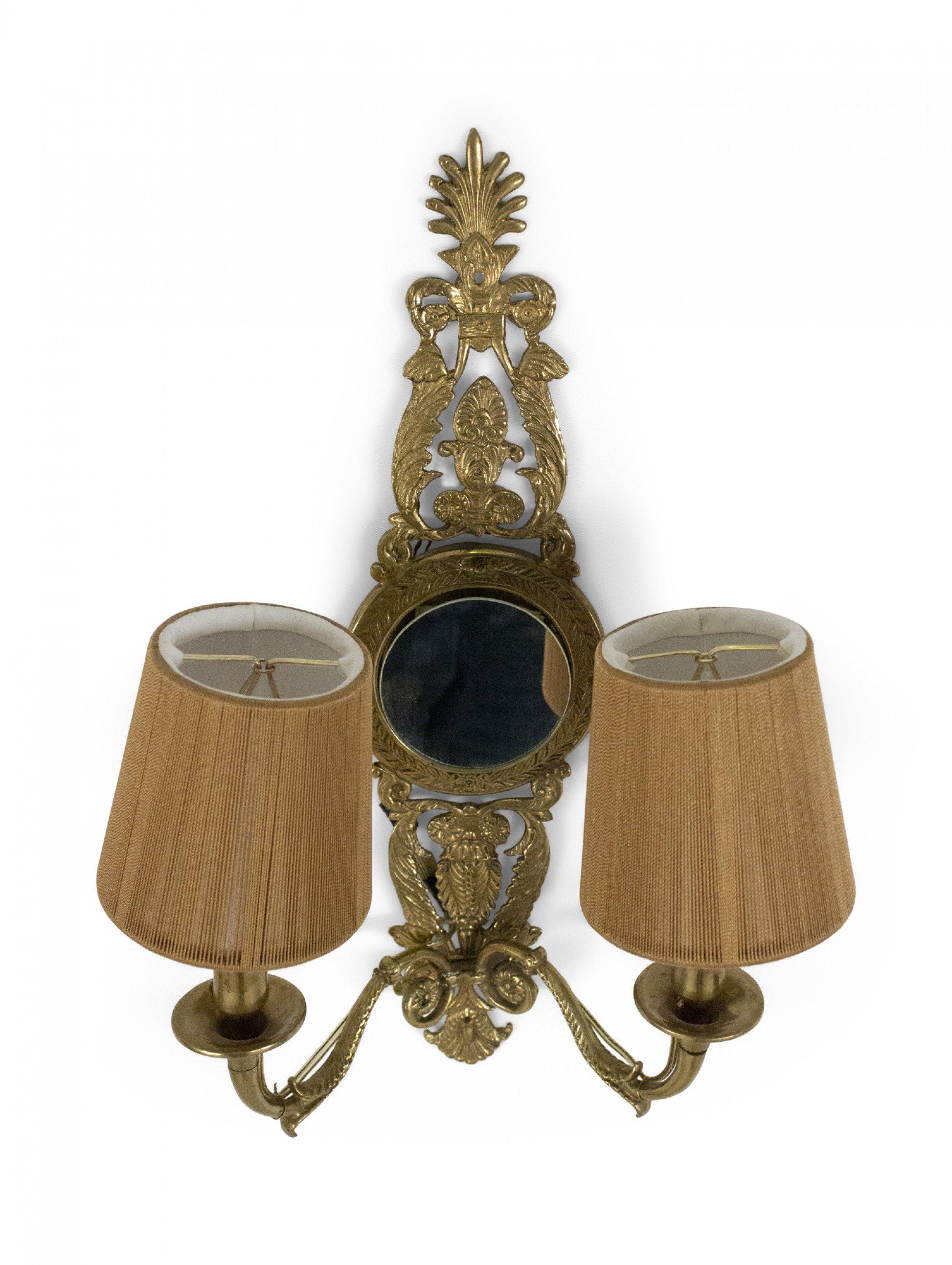 Metal Set of 4 French Mid-Century Brass Mirrored Two Arm Wall Sconces For Sale