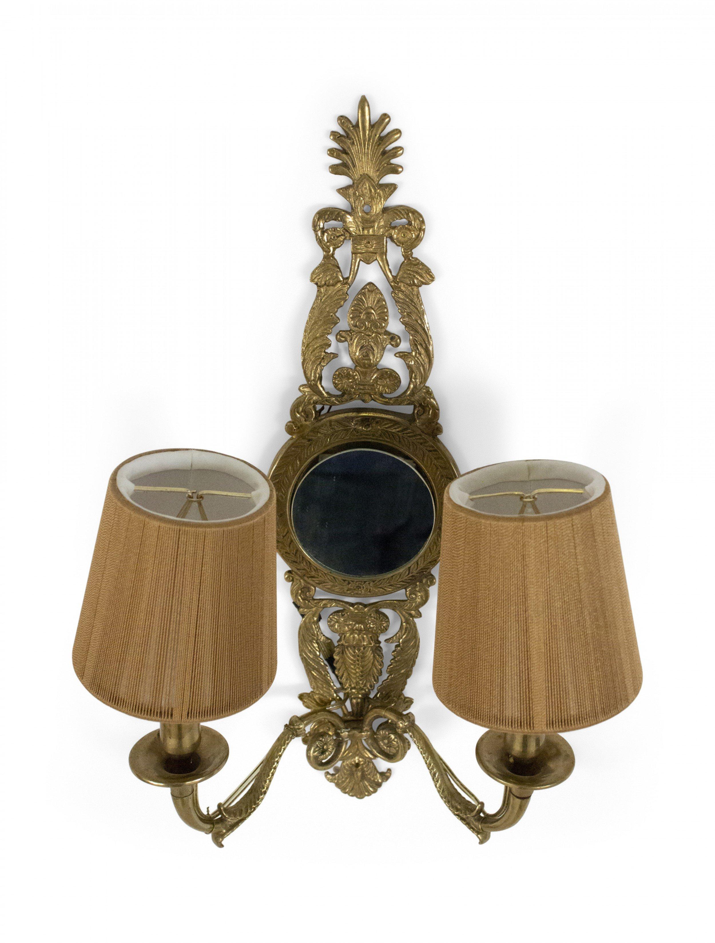 Set of 4 French Mid-Century Brass Mirrored Two Arm Wall Sconces For Sale 1