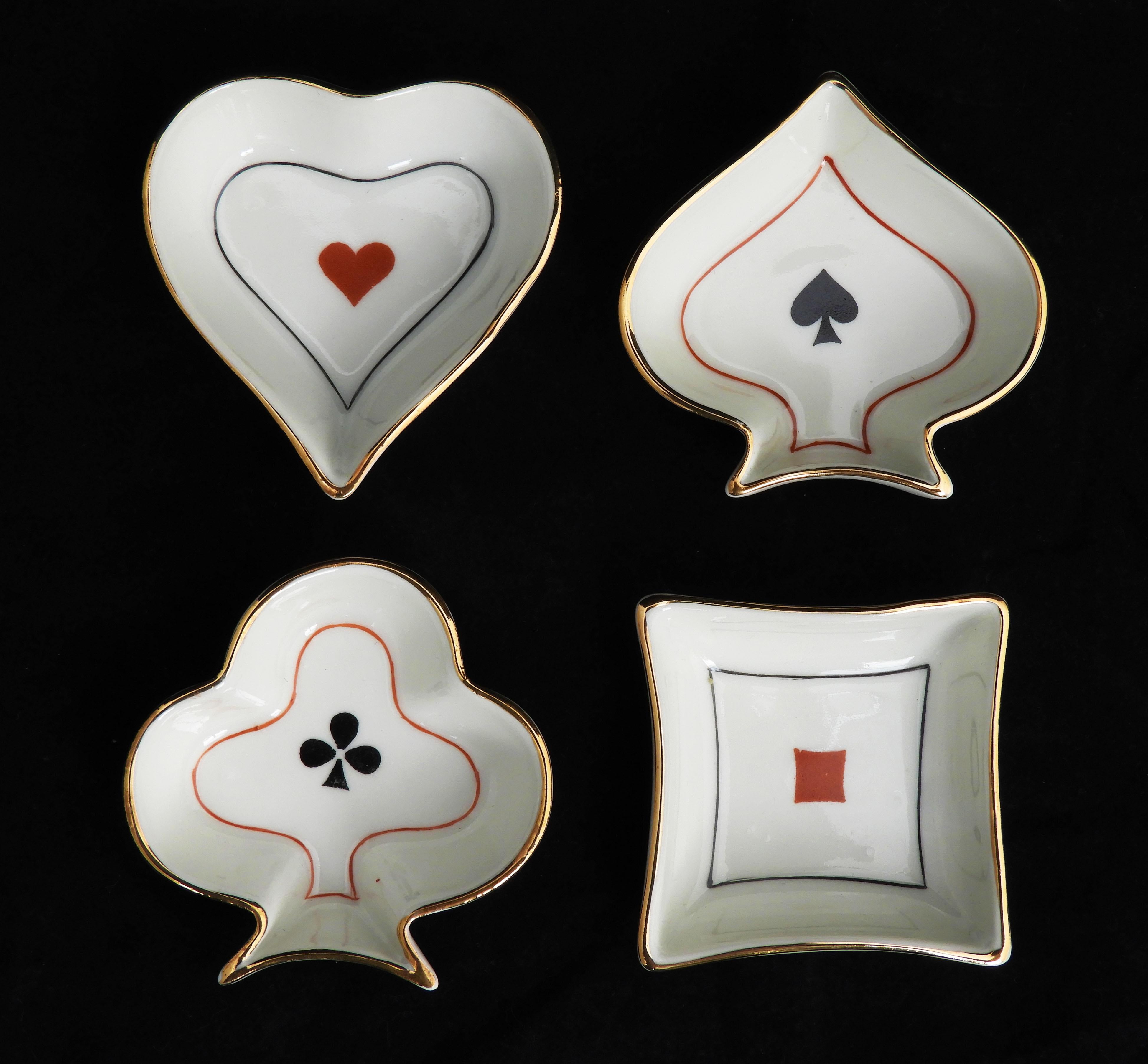 Mid-Century Modern Set of 4 French Mid Century Limoges Porcelain Playing Card Themed Dishes/Ashrays