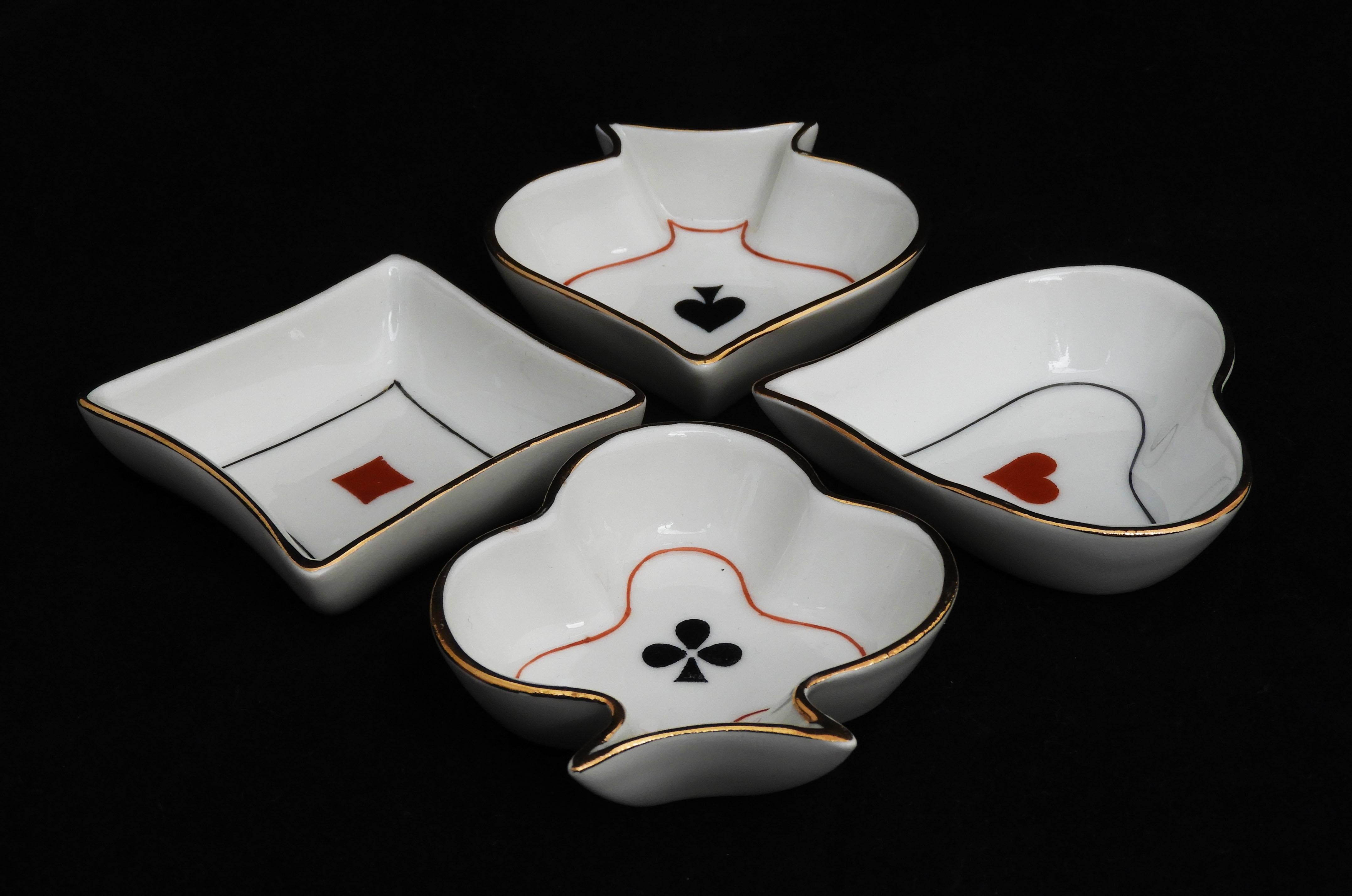 Hand-Painted Set of 4 French Mid Century Limoges Porcelain Playing Card Themed Dishes/Ashrays