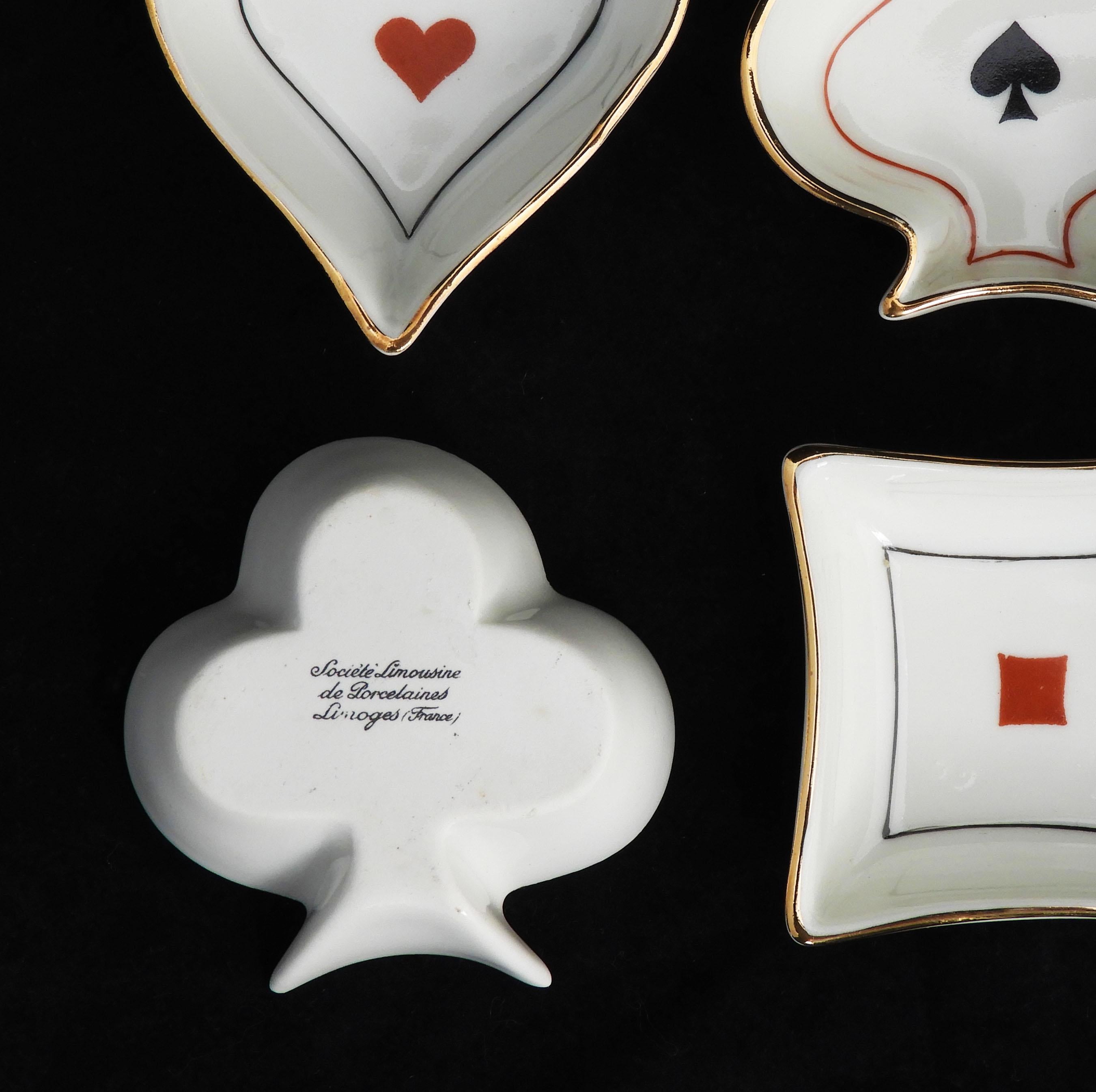 20th Century Set of 4 French Mid Century Limoges Porcelain Playing Card Themed Dishes/Ashrays