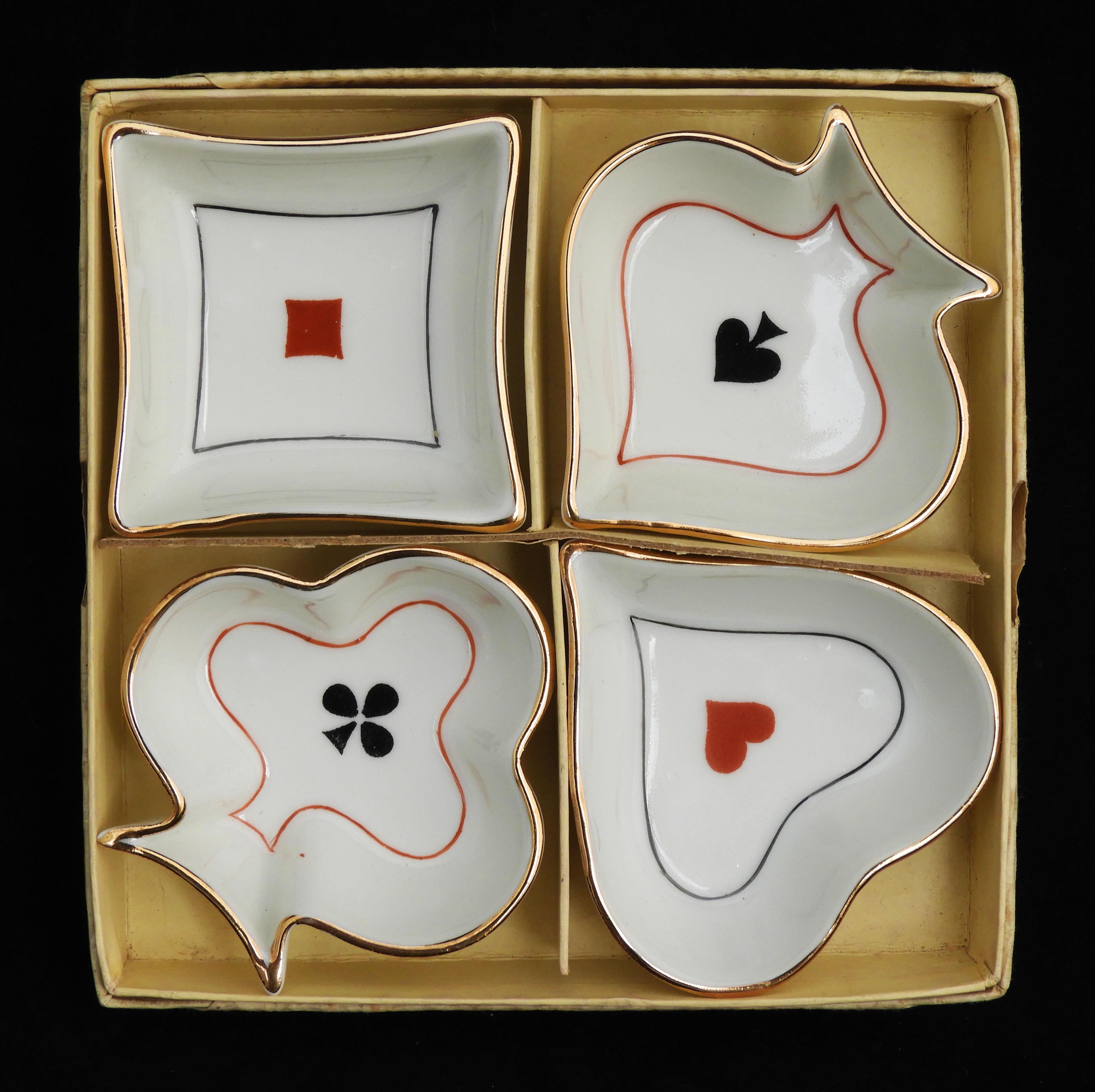 Set of 4 French Mid Century Limoges Porcelain Playing Card Themed Dishes/Ashrays 1