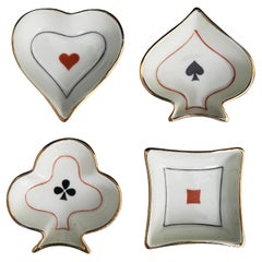 Vintage Set of 4 French Mid Century Limoges Porcelain Playing Card Themed Dishes/Ashrays