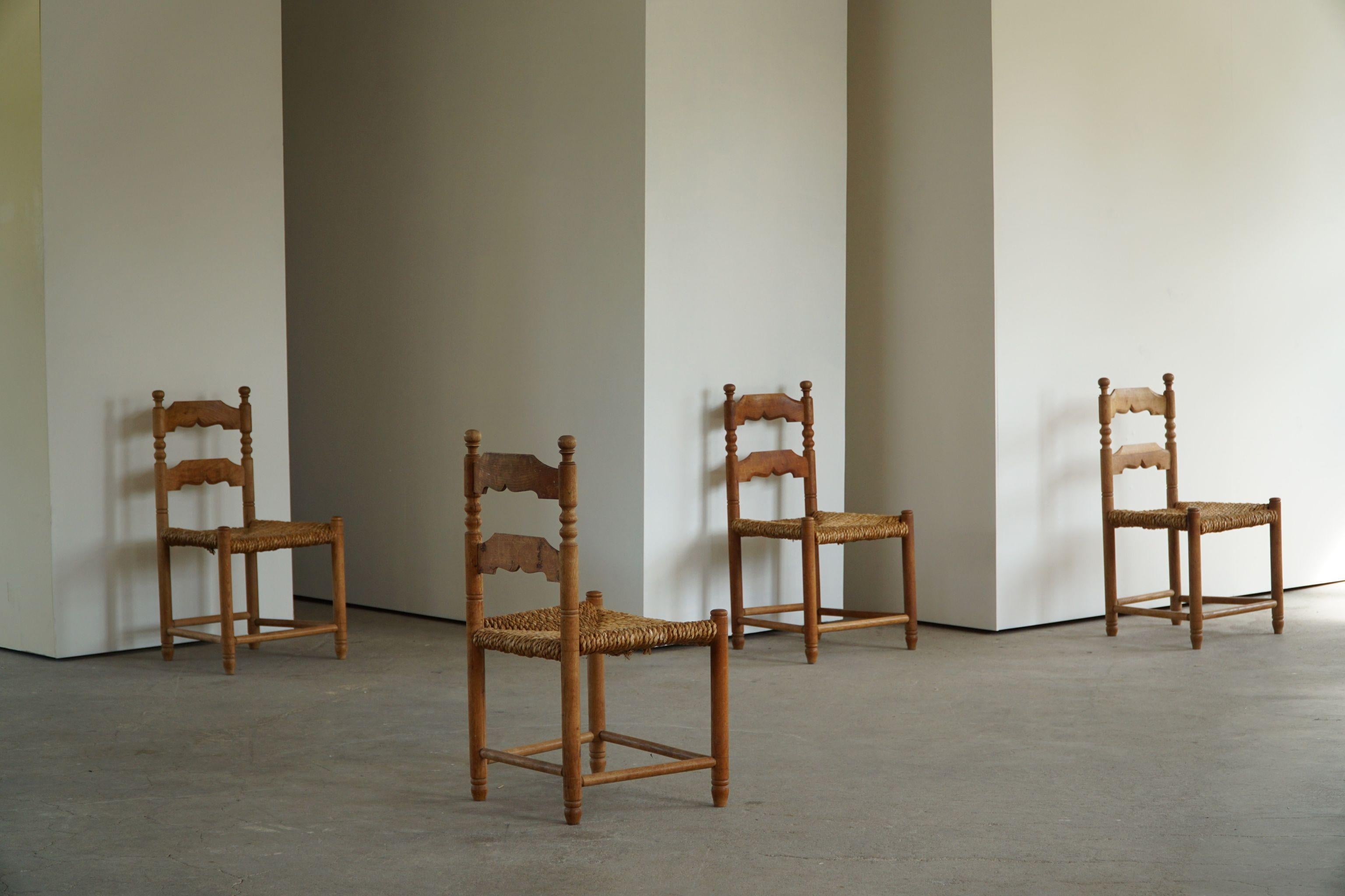 Seagrass Set of 4 French Modern Brutalist Chairs, Charles Dudouyt Style, Made in 1950s