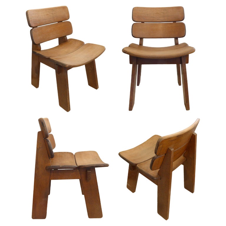 Set of 4 French Oak Constructivist Occasional Chairs For Sale